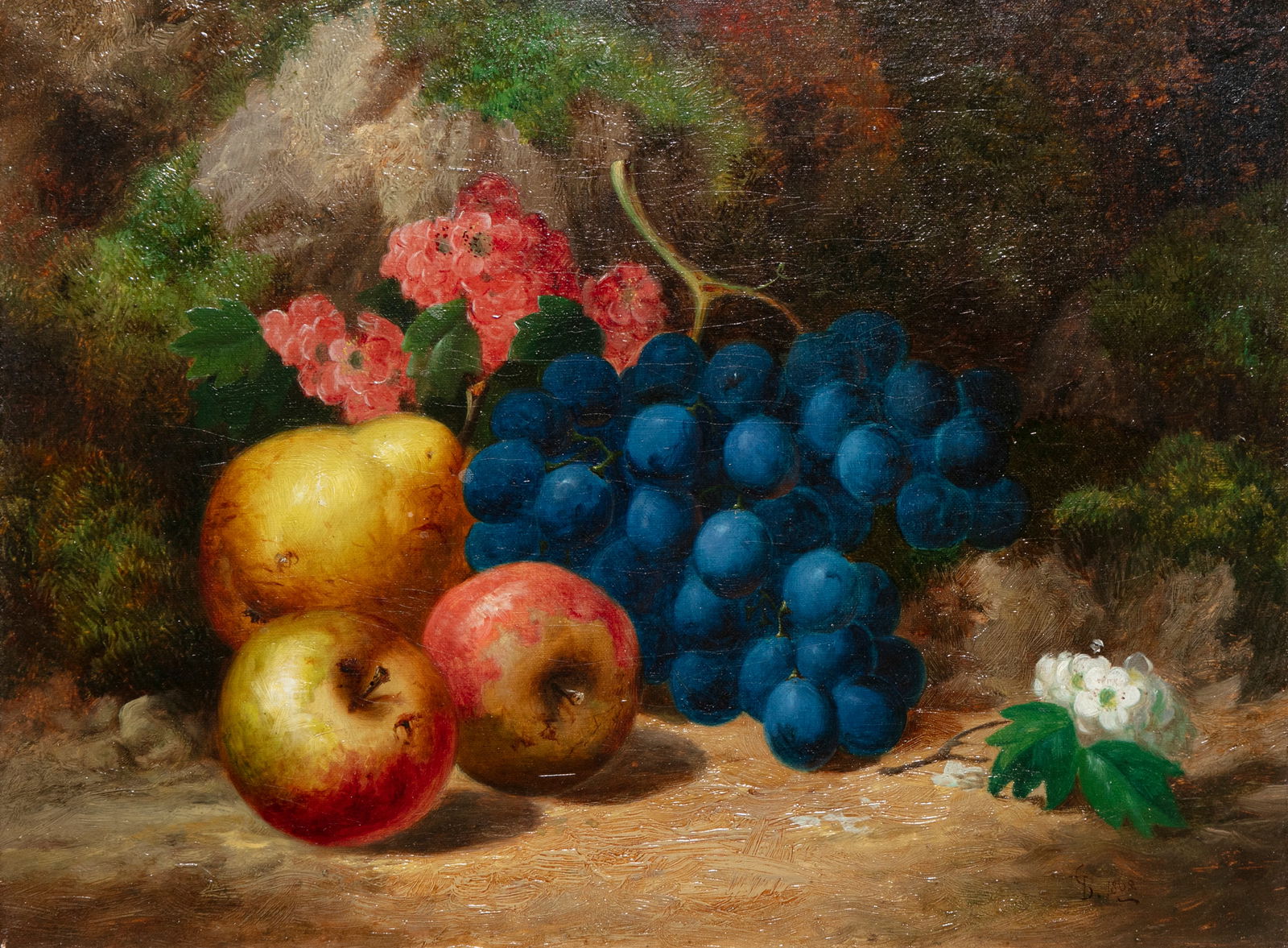 CHARLES THOMAS BALE (1849-1925) 'Still Life, Fruit and Flowers on a Mossy Bank' Oil on canvas, 30.5: CHARLES THOMAS BALE (1849-1925) 'Still Life, Fruit and Flowers on a Mossy Bank' Oil on canvas, 30.5 x 40.5cm Signed with monogram and dated 1869 lower right