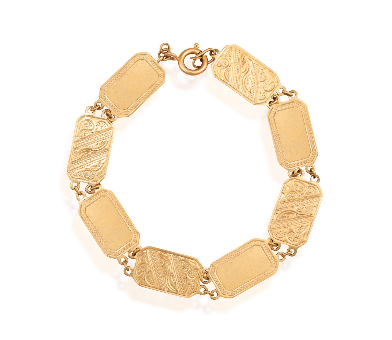 A 9ct gold bracelet  Comprising eight, engraved, octagonal plaques, total length ca. 19.5cm   *This (1 of 1)