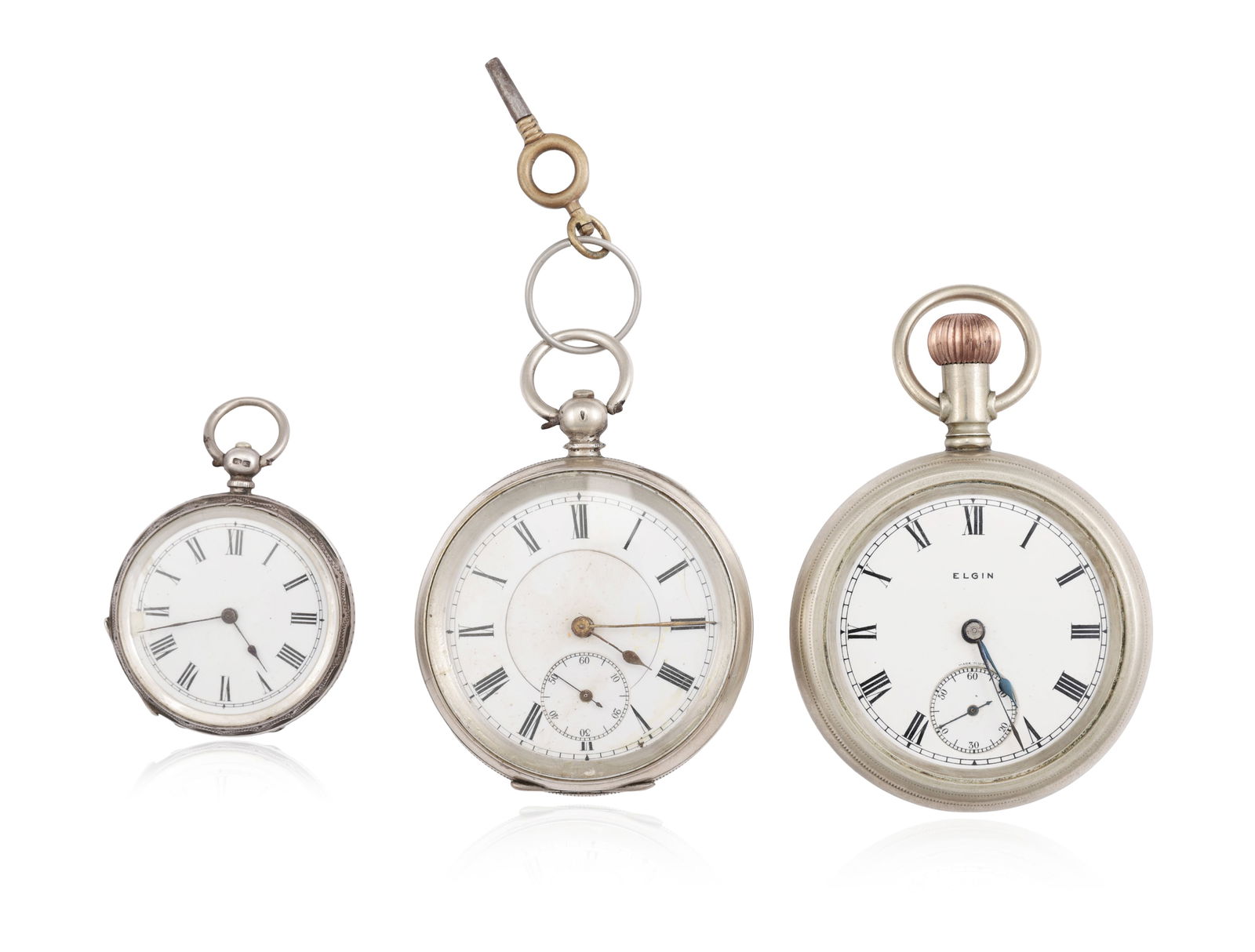 Three pocket watches Including a late 19th century, English-made silver pocket watch; a silver: Three pocket watches Including a late 19th century, English-made silver pocket watch; a silver Swiss-made pocket watch and a pocket watch by Elgin, diameter of cases ca. 3.7-5.5cm *This lot is sold wi