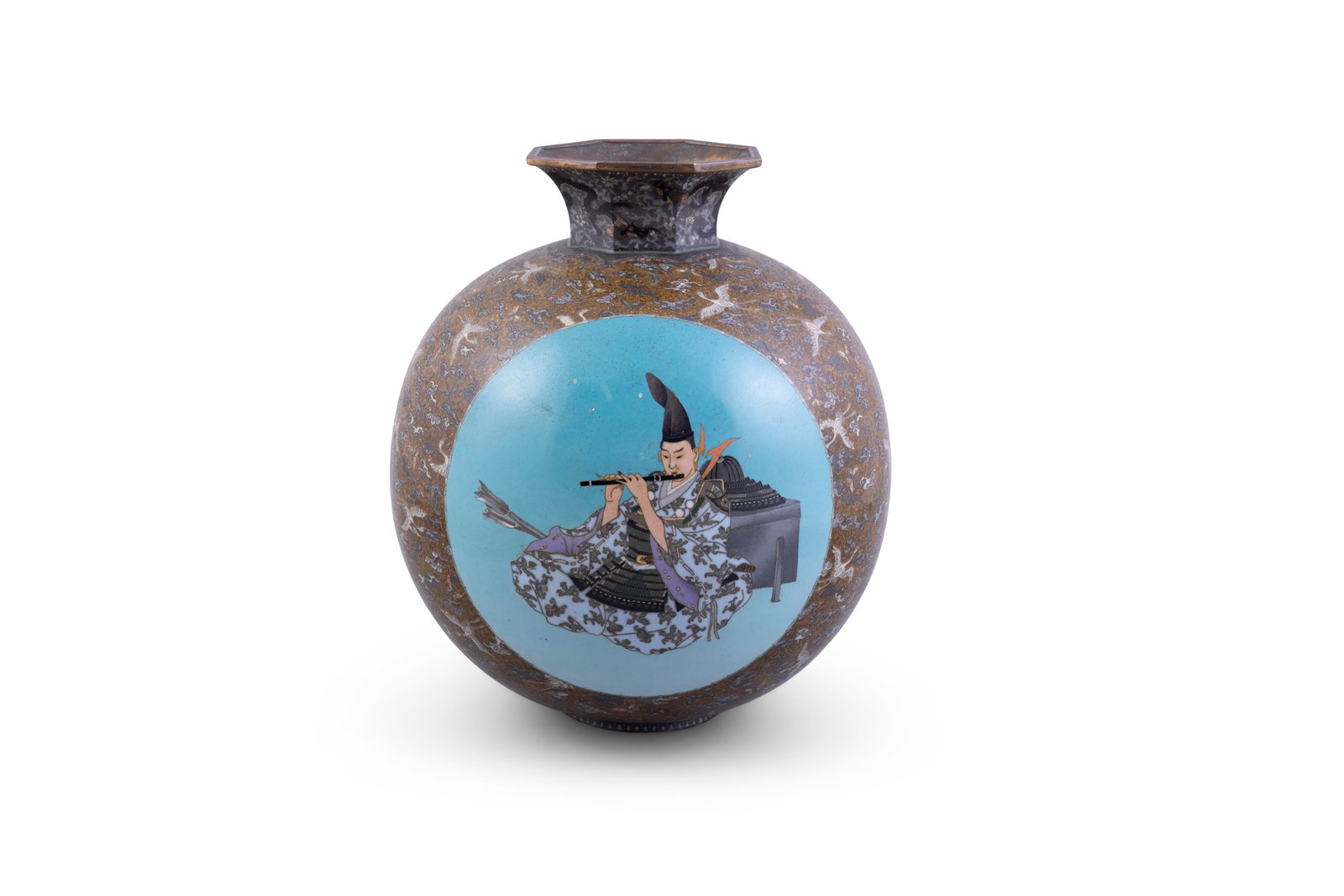 A LARGE CLOISONNÉ ENAMEL GLOBULAR VASE, Japan, Meiji period (1868-1912) with flared: A LARGE CLOISONNÉ ENAMEL GLOBULAR VASE, Japan, Meiji period (1868-1912) with flared octagonal rim and short tapering neck, decorated to one side with a figure of a seated archer playing a flute w