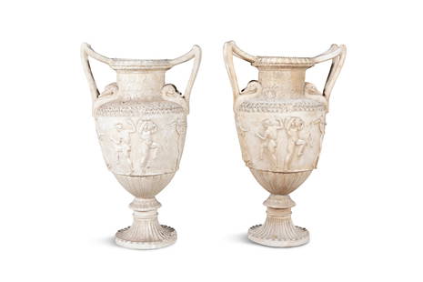 A PAIR OF LARGE COMPOSITE ‘GRECIAN’ URNS, OF CLASSICAL DESIGN, With raised angular: A PAIR OF LARGE COMPOSITE ‘GRECIAN’ URNS, OF CLASSICAL DESIGN, With raised angular handles, moulded with a mythological scene of dancing nymphs and musical figures, on fluted circular