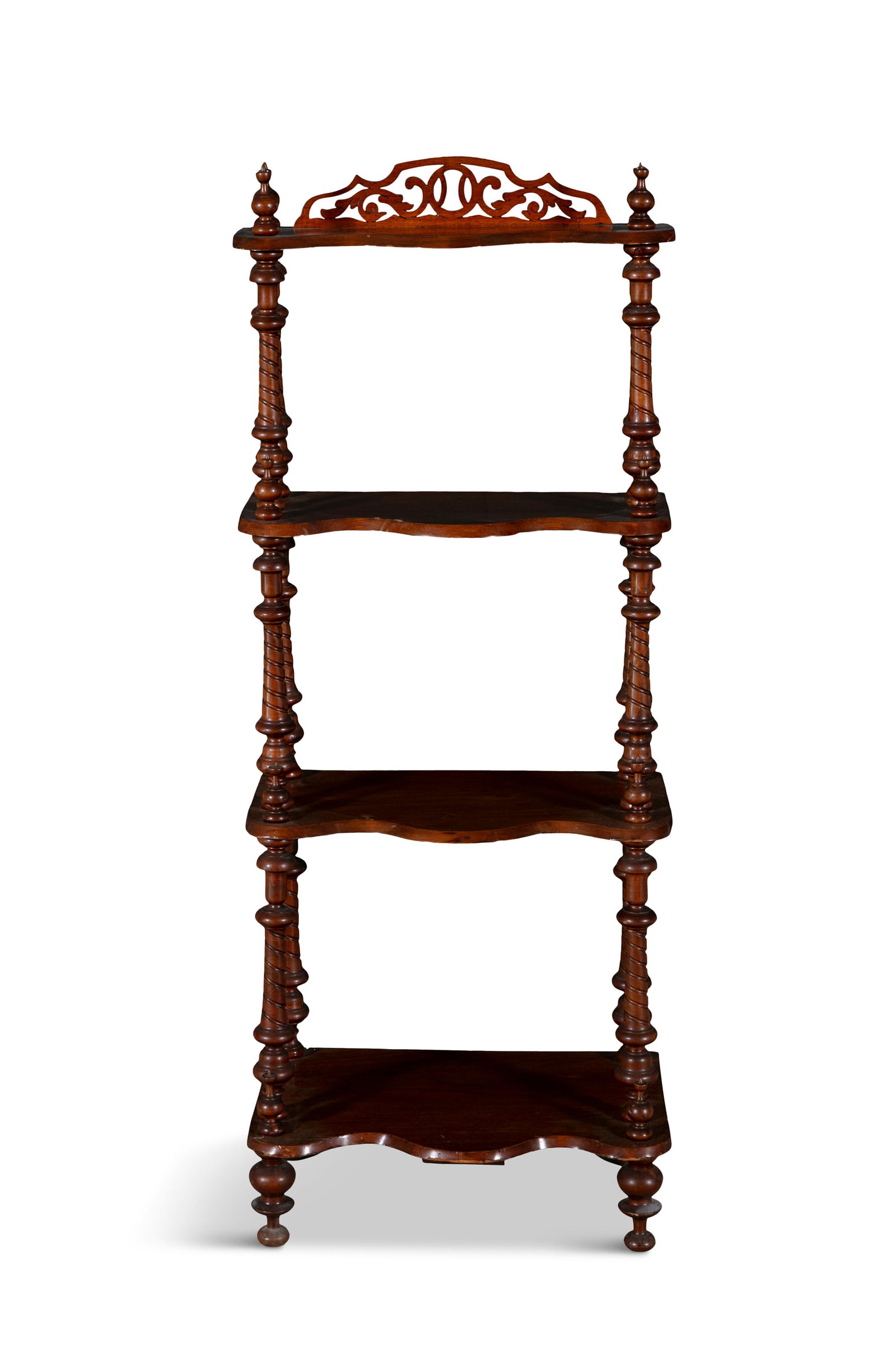 A VICTORIAN WALNUT FOUR-TIER WHATNOT, with serpentine platforms, separated by spiral turned: A VICTORIAN WALNUT FOUR-TIER WHATNOT, with serpentine platforms, separated by spiral turned supports. 125cm high, 49cm wide