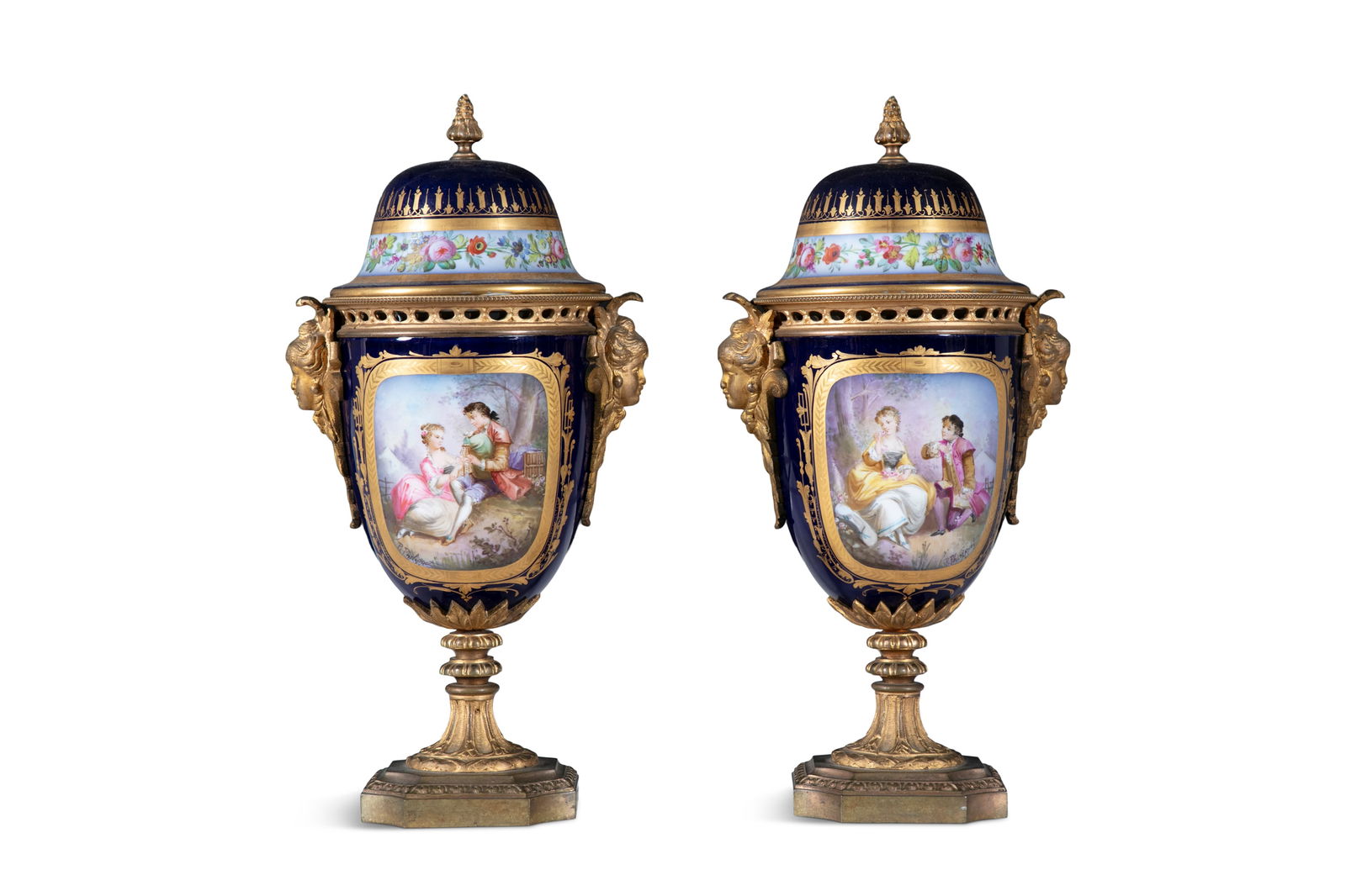 A PAIR OF FRENCH SEVRES STYLE PORCELAIN CASSOLETTES, 19TH CENTURY  of ovoid form, with gilt metal (1 of 3)