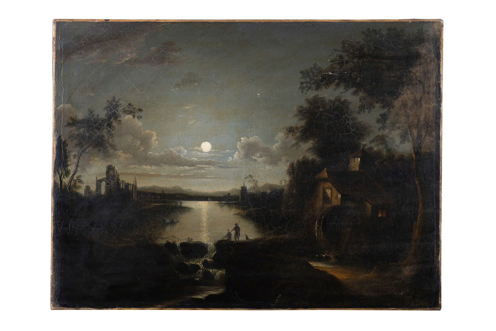 STYLE OF WILLIAM PETHER Moonlit River Landscape Oil on canvas, 51 x 68.5cm Unframed: STYLE OF WILLIAM PETHER Moonlit River Landscape Oil on canvas, 51 x 68.5cm Unframed