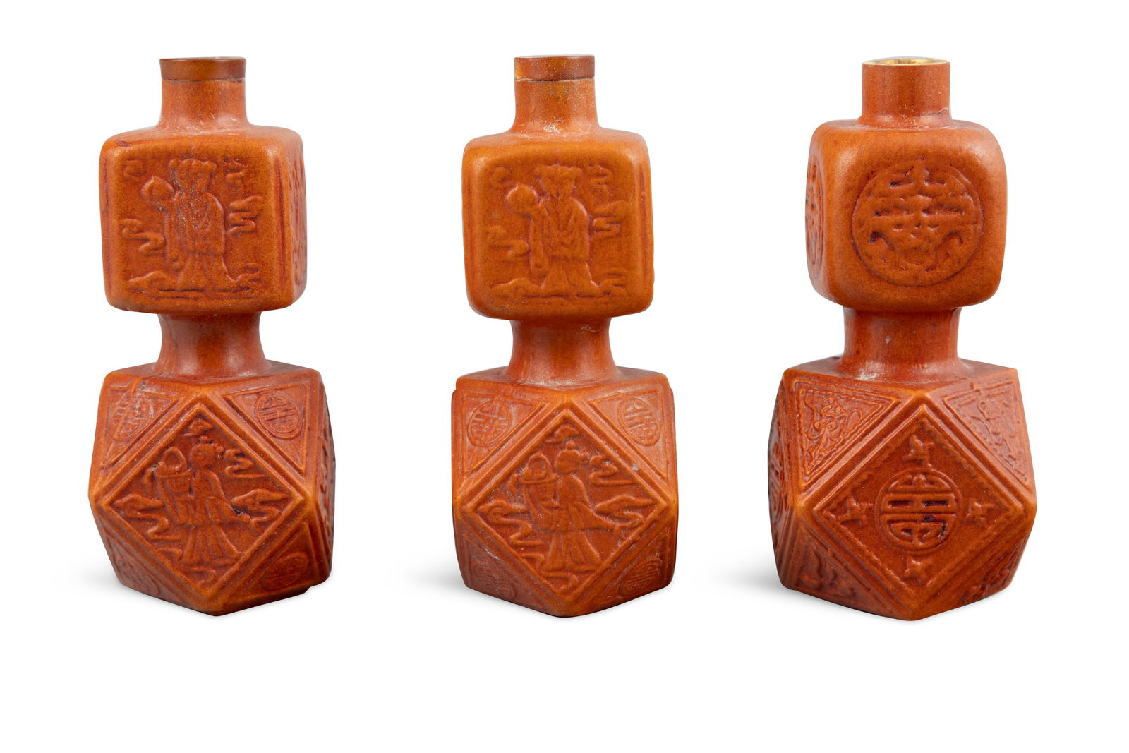 THREE CHINESE MOULDED AND CARVED ‘EIGHT IMMORTALS AND SHOU CHARACTER’ GOURD VASES (1 of 2)