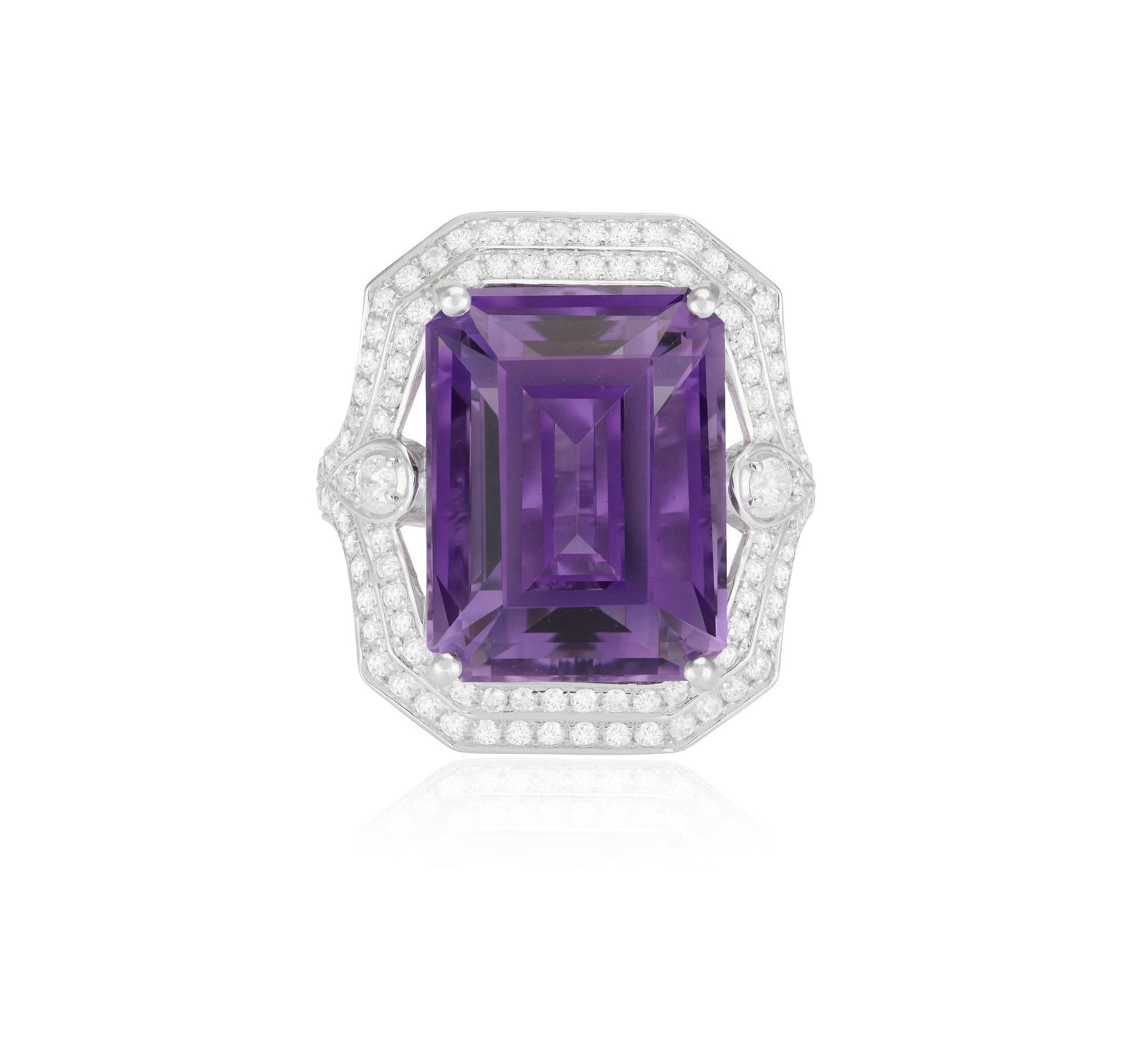 AN AMETHYST AND DIAMOND RING, set with a rectangular-cut amethyst weighing approximately 16.00cts, (1 of 5)