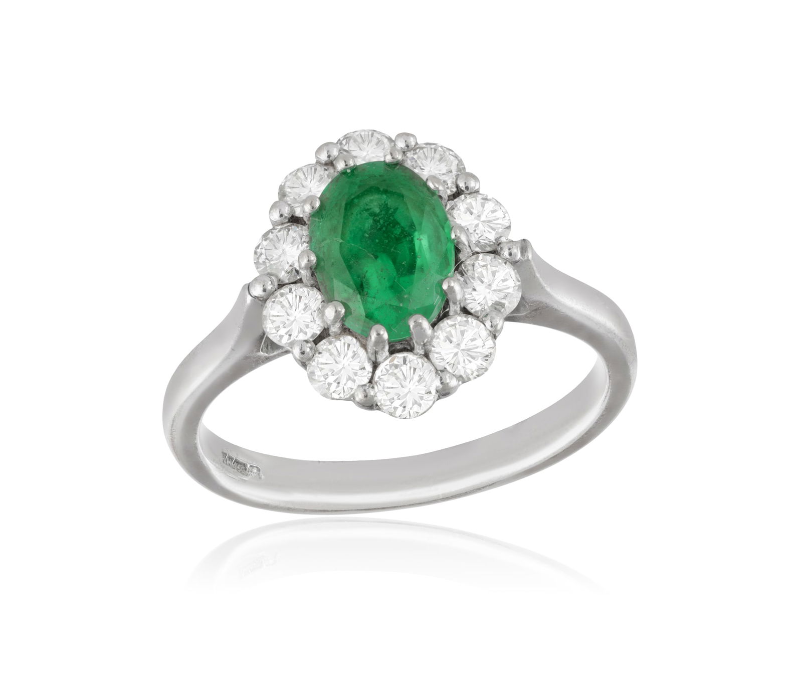 AN 18CT GOLD, EMERALD AND DIAMOND CLUSTER RING, the oval, mixed-cut emerald with round, (1 of 1)