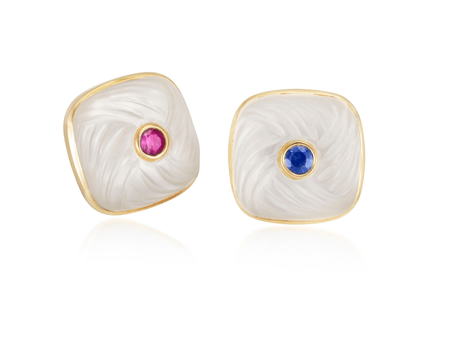A PAIR OF ROCK CRYSTAL, RUBY AND SAPPHIRE EARRINGS, BY TRIANON, each of stud design, set with a (1 of 3)
