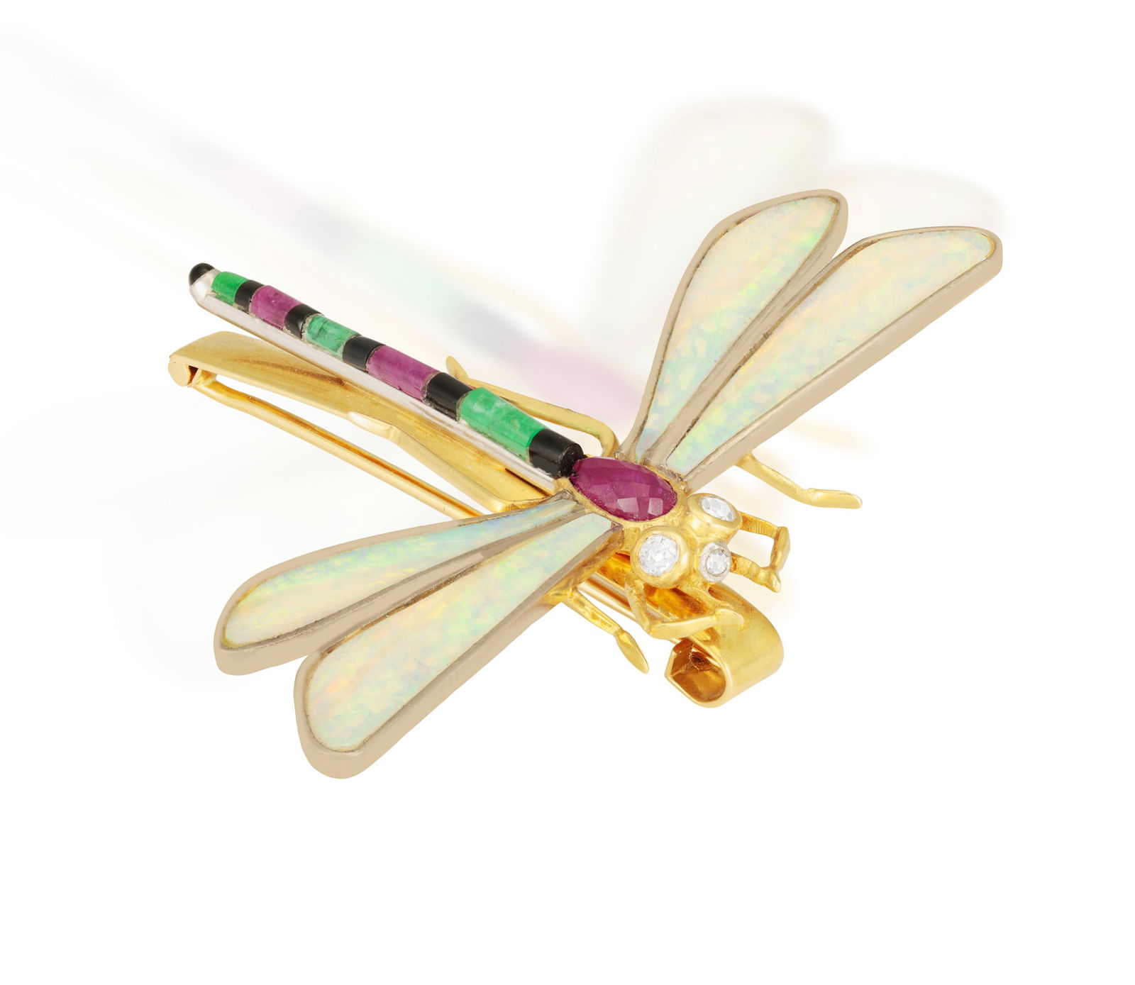 A GEM-SET AND DIAMOND DRAGONFLY BROOCH, the thorax set with a faceted pear-shaped ruby, segmented (1 of 5)