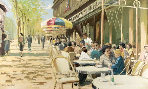 Henry Robertson Craig RHA (1916 - 1984) Café de la Paix Oil on canvas 60 x 98cm (23½ x 38½): Henry Robertson Craig RHA (1916 - 1984) Café de la Paix Oil on canvas 60 x 98cm (23½ x 38½) Signed, also signed and inscribed verso Provenance: Collection of Pamela and George Fegan, pu