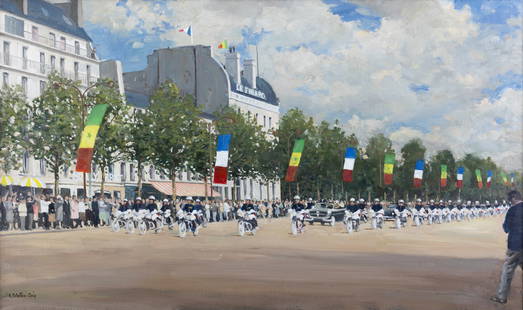 Henry Robertson Craig RHA (1916-1984) H.E. Mr. Leopold Senghor, President of Senegal, in Procession: Henry Robertson Craig RHA (1916-1984) H.E. Mr. Leopold Senghor, President of Senegal, in Procession in the Champs Elysees, Paris Oil on canvas, 60 x 101cm (23½ x 39¾'') Signed; also sign