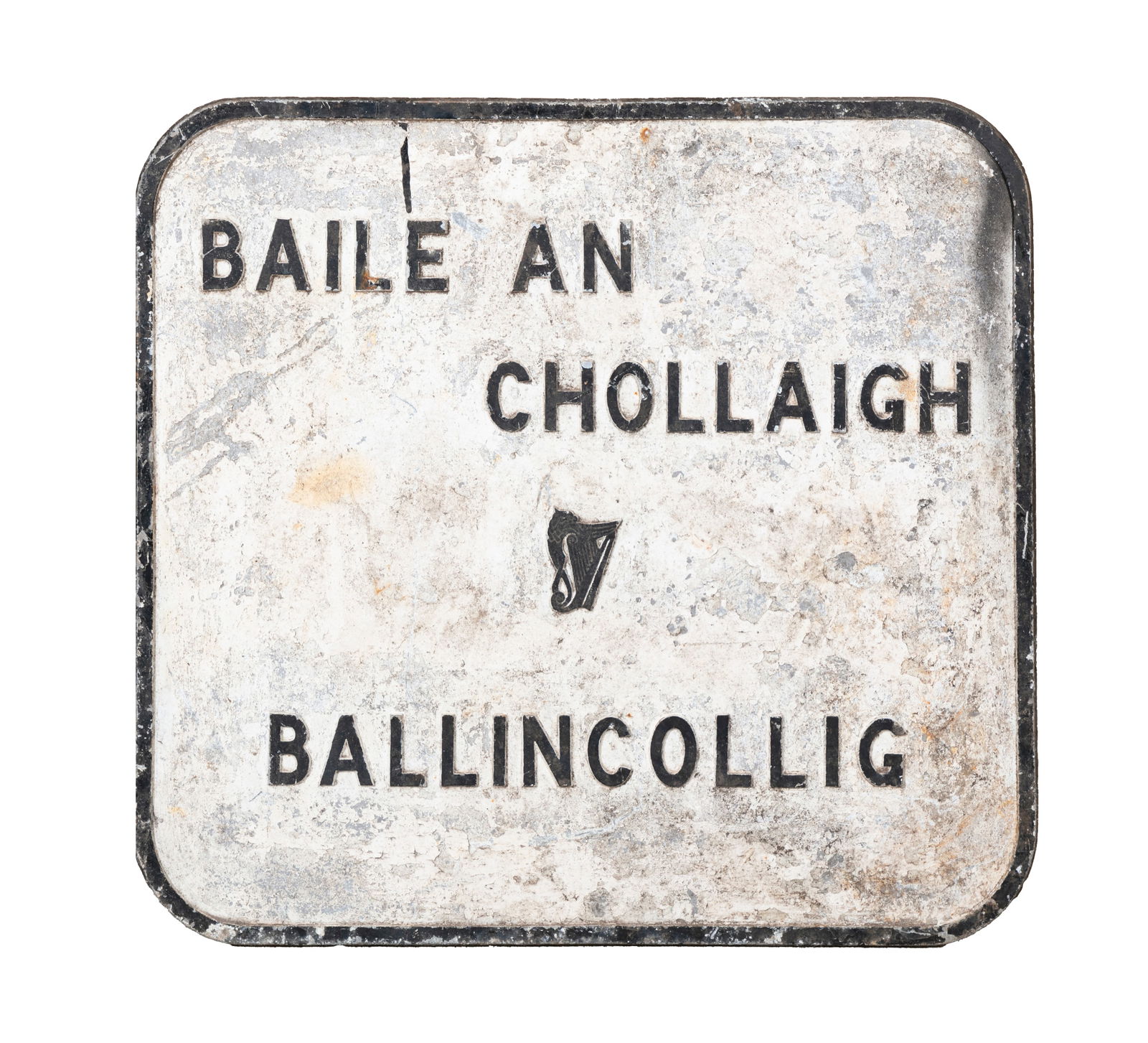 AN IRISH BLACK AND WHITE PAINTED SIGN,  of shaped rectangular form with a raised boarder, central ha (1 of 2)