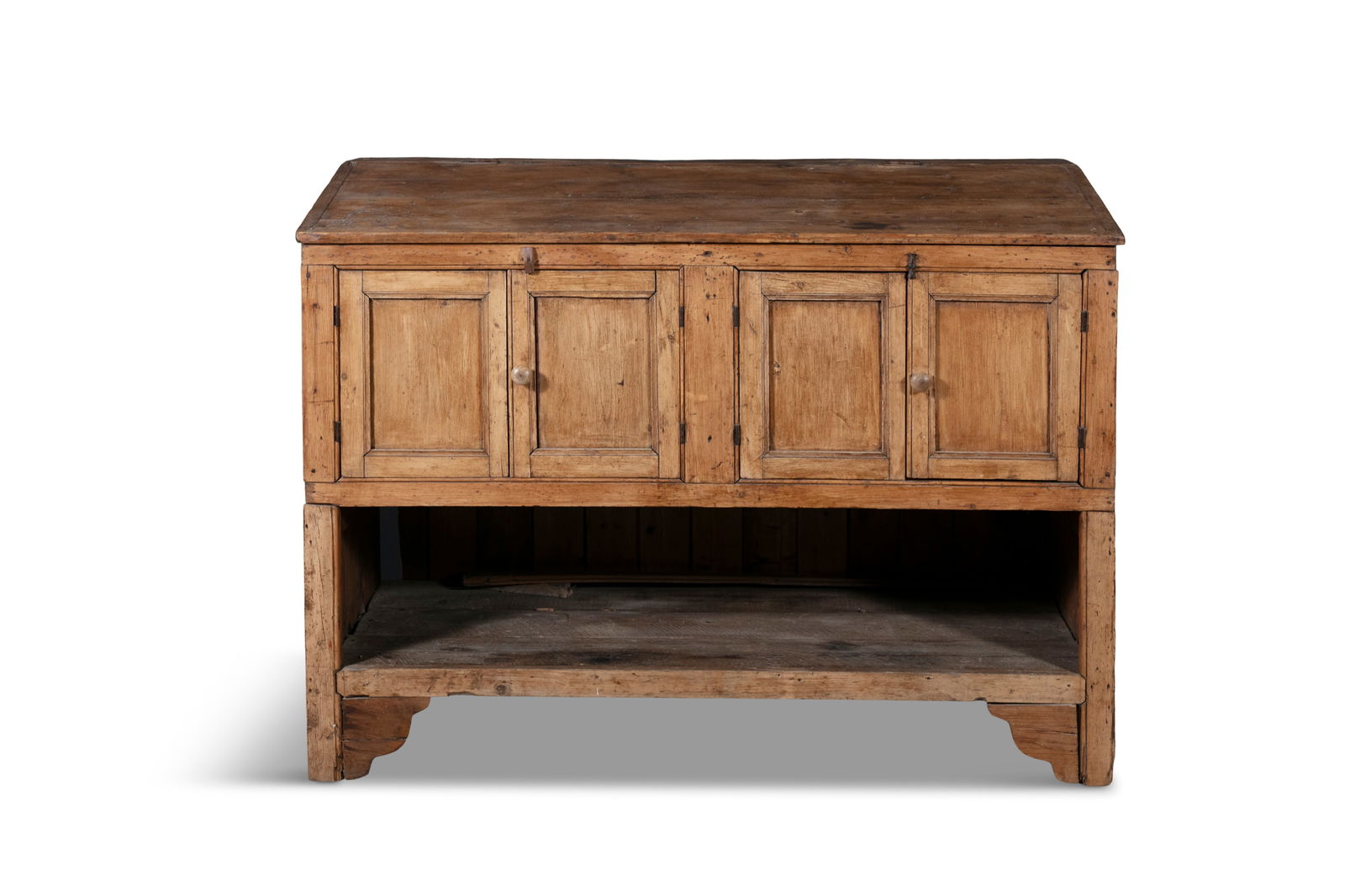 A LARGE STRIPPED PINE FOOD CUPBOARD,   the sloped lift top above a pair of twin panel door cupboards (1 of 4)