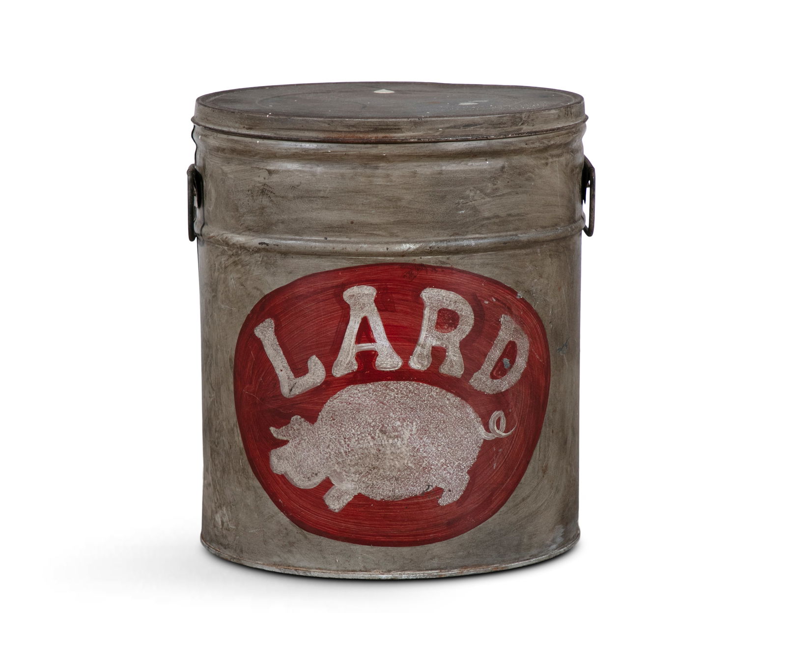 A TOLEWARE CYLINDRICAL CONTAINER WITH LID AND CARRYING HANDLES,   painted with a pig and 'LARD', 25c (1 of 2)
