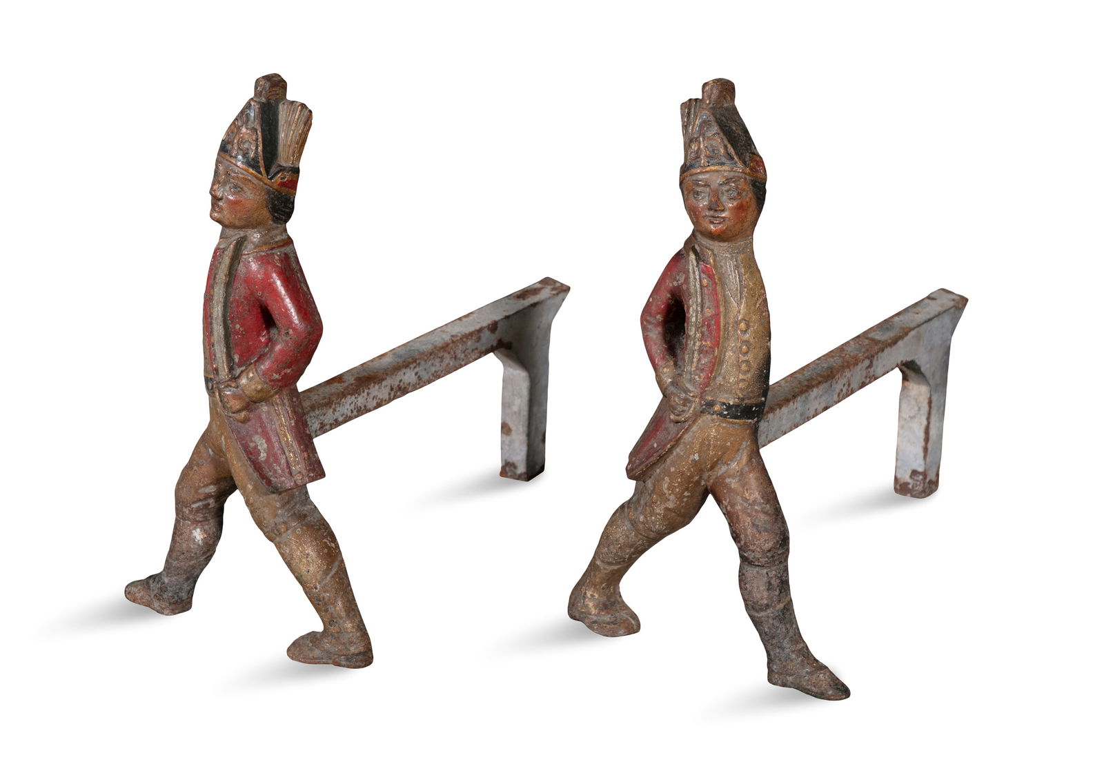 A PAIR OF AMERICAN POLYCHROME PAINTED CAST IRON HESSIAN SOLDIER FORM ANDIRONS, 19TH CENTURY  each in (1 of 4)