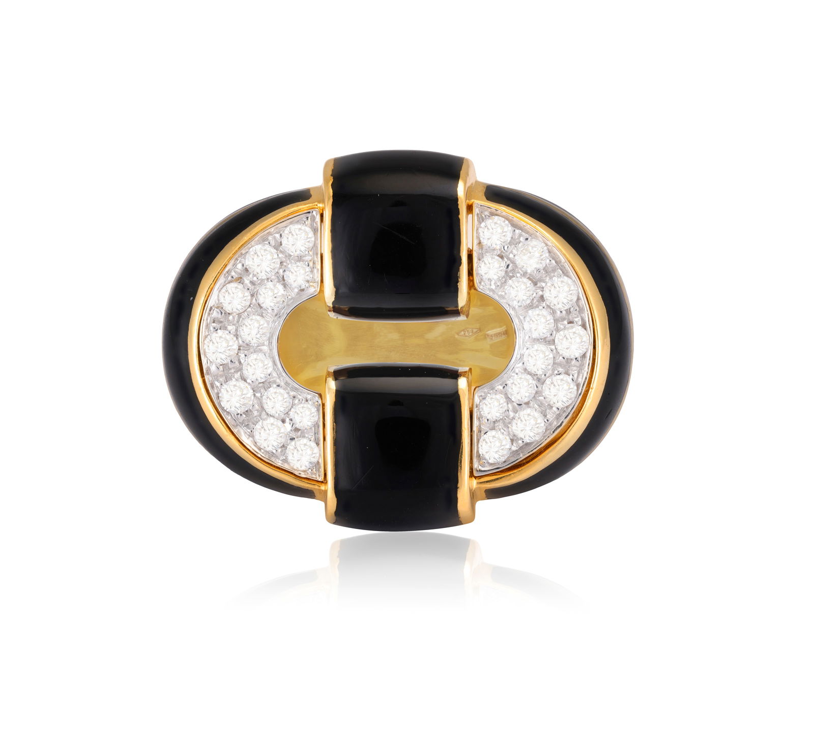 AN ENAMEL AND DIAMOND COCKTAIL RING  Of openwork bombé design, the centre pavé-set with br (1 of 5)