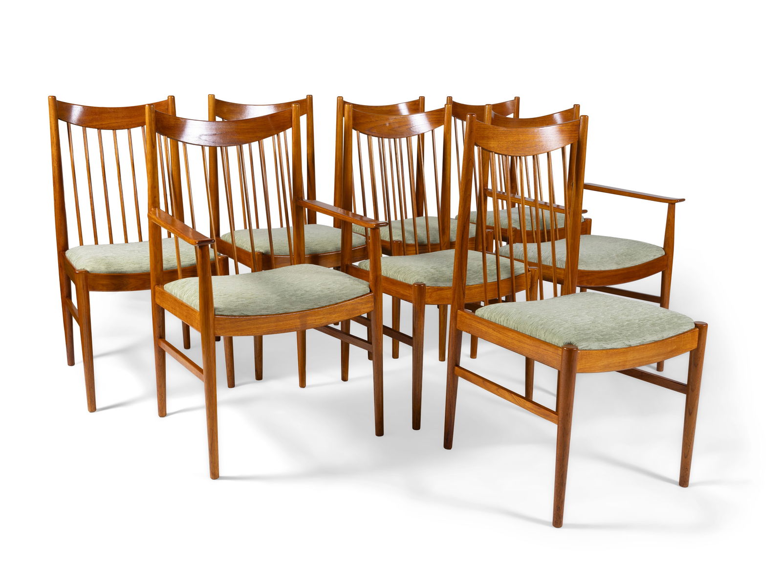 ARNE VODDER A set of eight teak dining chairs with two carvers by Arne Vodder for Sibast, with: ARNE VODDER A set of eight teak dining chairs with two carvers by Arne Vodder for Sibast, with maker's label. 49 x 51 x 98cm(h); seat 47.5cm(h)