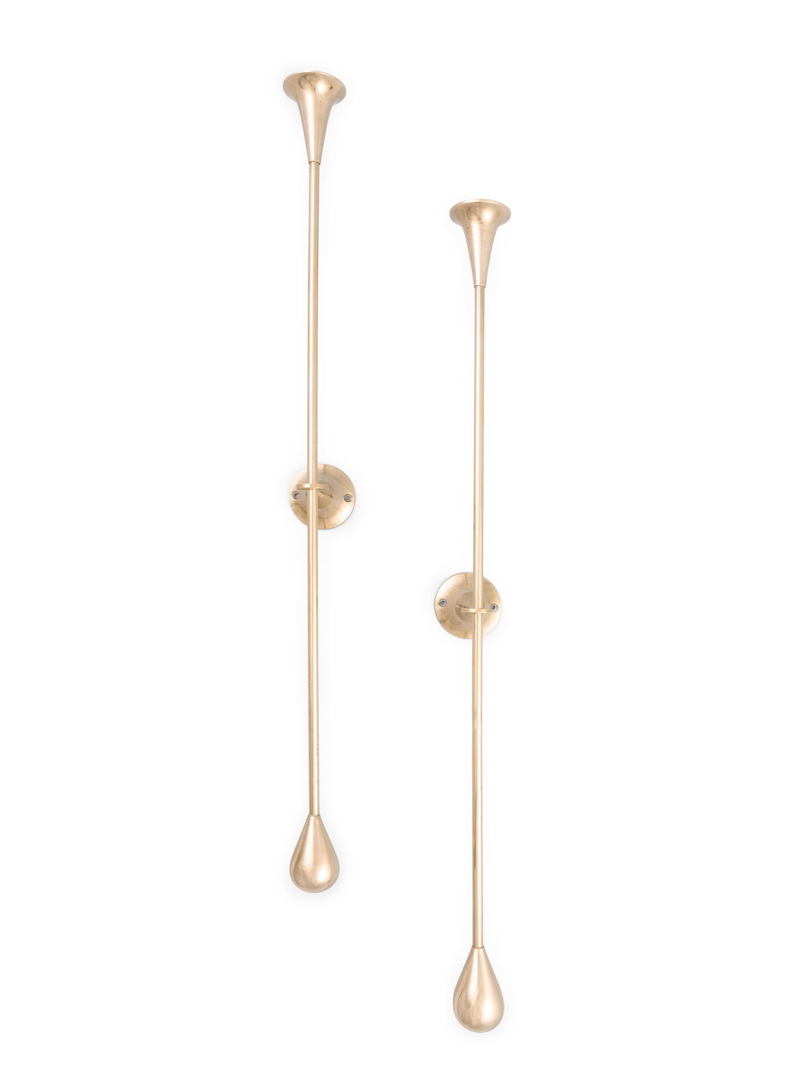 IN THE MANNER OF PIERRE FORSSELL A pair of brass wall candle-holders in the manner of Pierre Forssel: IN THE MANNER OF PIERRE FORSSELLA pair of brass wall candle-holders in the manner of Pierre Forssell. c. 1960. 63.5cm(h) ***PLEASE NOTE: DESCRIPTION IN THE PRINTED CATALOGUE SHOULD READ 'IN THE MANNER