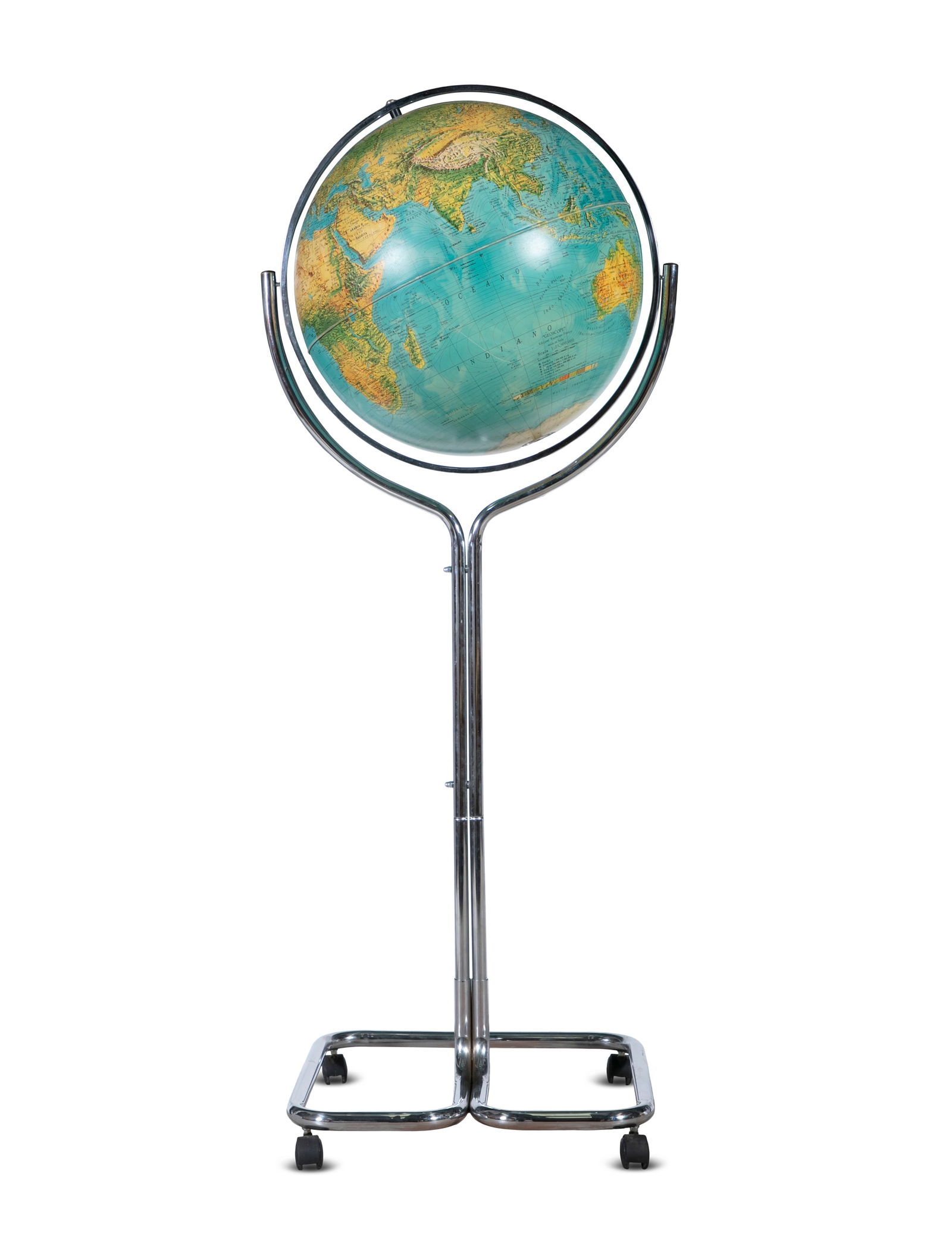 GLOBE A globe on chrome stand with Florence maker's mark. 144cm(h): GLOBE A globe on chrome stand with Florence maker's mark. 144cm(h)