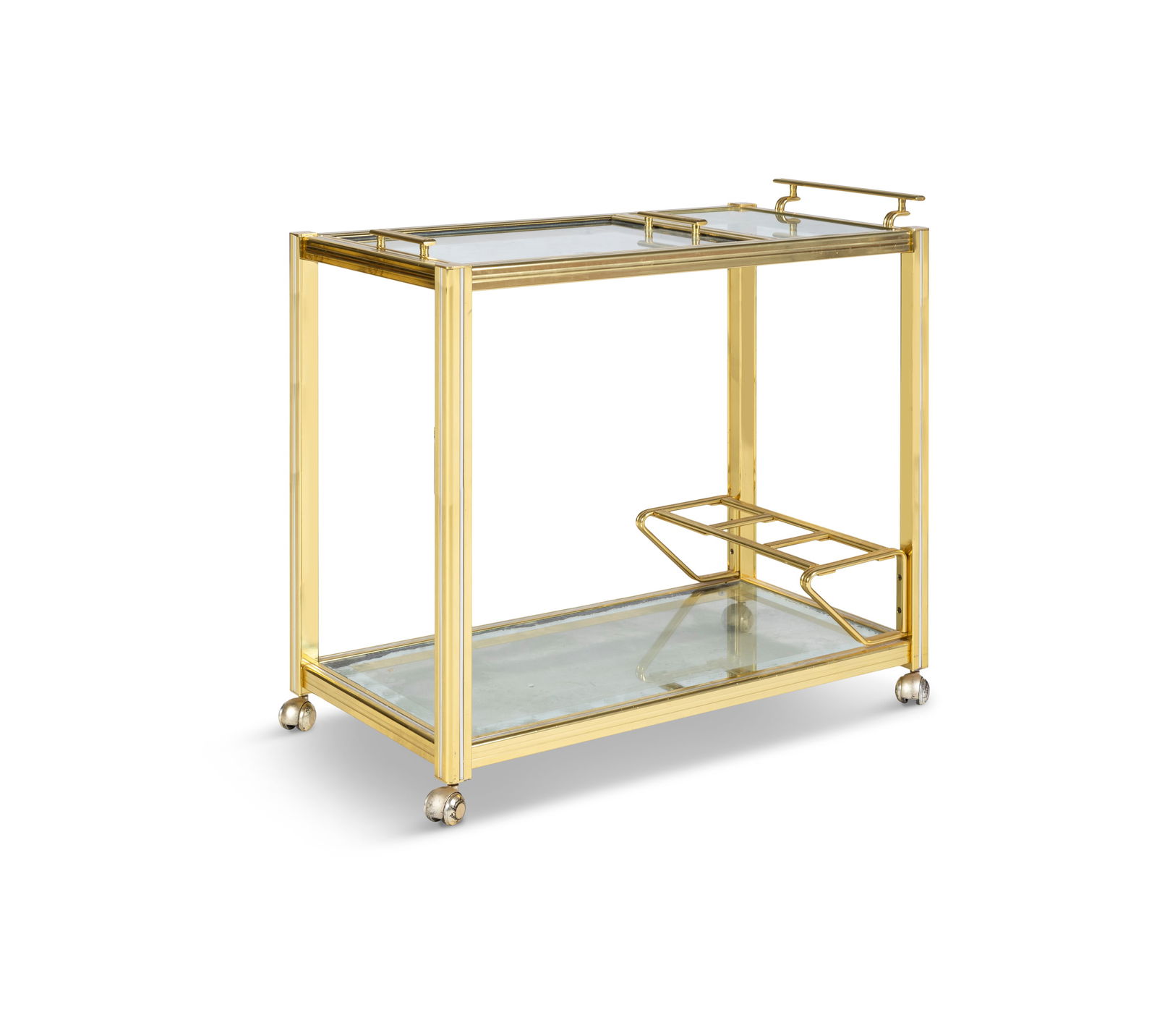 PIERRE VANDEL A gilt metal and chrome drinks trolley attrib. to Pierre Vandel with glass tops and: PIERRE VANDEL A gilt metal and chrome drinks trolley attrib. to Pierre Vandel with glass tops and removable tray. France, c1970. 81 x 42 x 75cm(h)