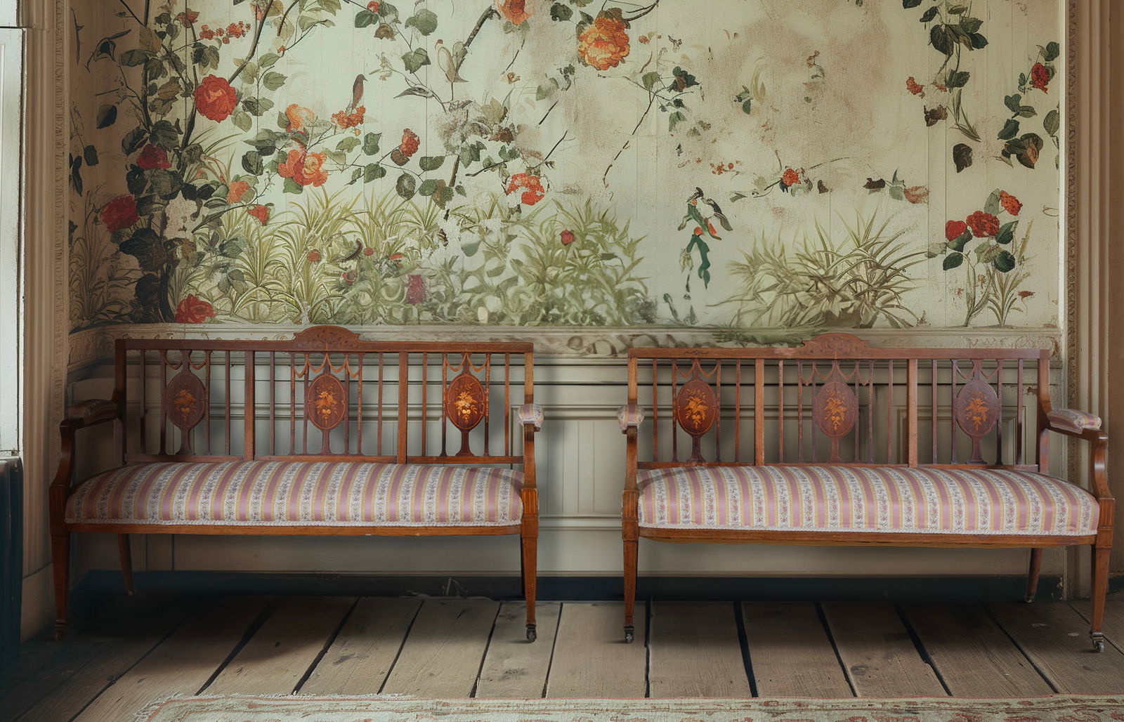 A PAIR OF MARQUETRY INLAID MAHOGANY SETTEES BY JAMES SHOOLBRED, TOTTENHAM COURT, LONDON, C.1880: A PAIR OF MARQUETRY INLAID MAHOGANY SETTEES BY JAMES SHOOLBRED, TOTTENHAM COURT, LONDON, C.1880 each open back with floral inlaid ovals, covered in a pink and white striped fabric, on square tapering