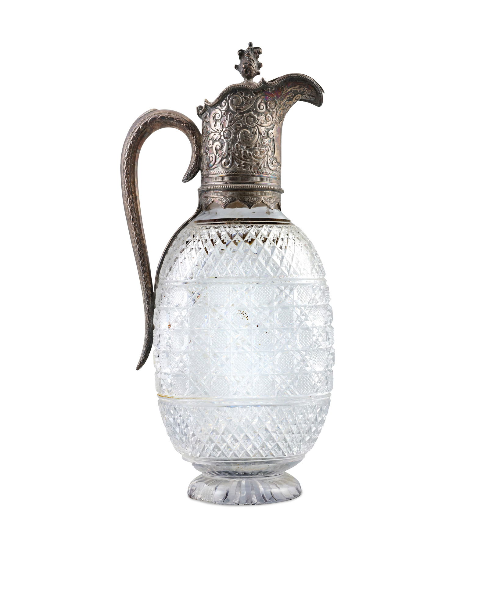 A VICTORIAN CUT GLASS AND SILVER MOUNTED CLARET JUG    London, c.1896, mark of Horace Woodward & Co (1 of 3)