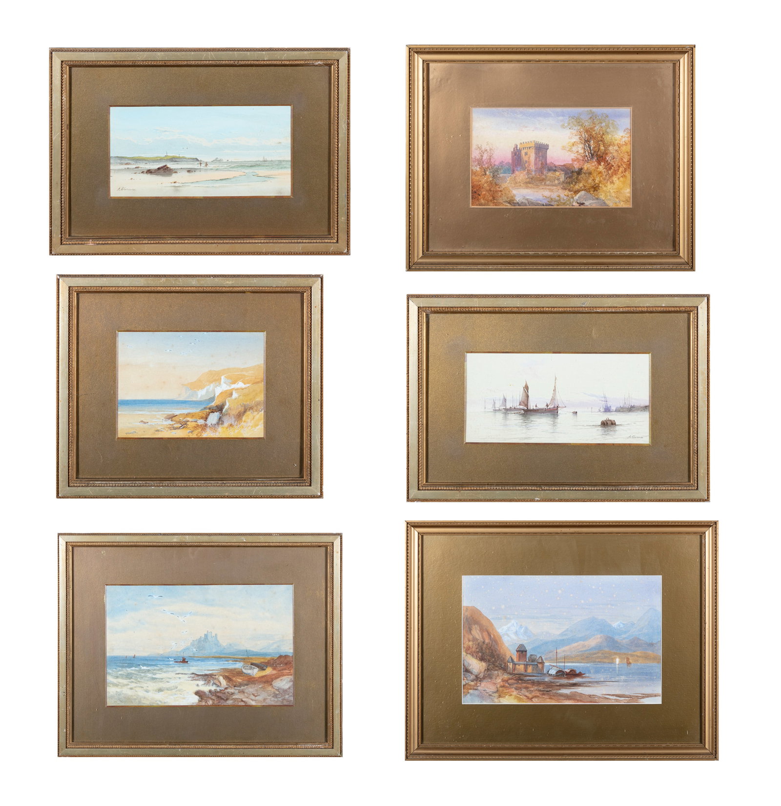 A CLAREACE 19TH CENTURY A pair of Seascapes Watercolours, each 12 x 24cm Signed; Together with: A CLAREACE 19TH CENTURY A pair of Seascapes Watercolours, each 12 x 24cm Signed; Together with four similar scenes (6)