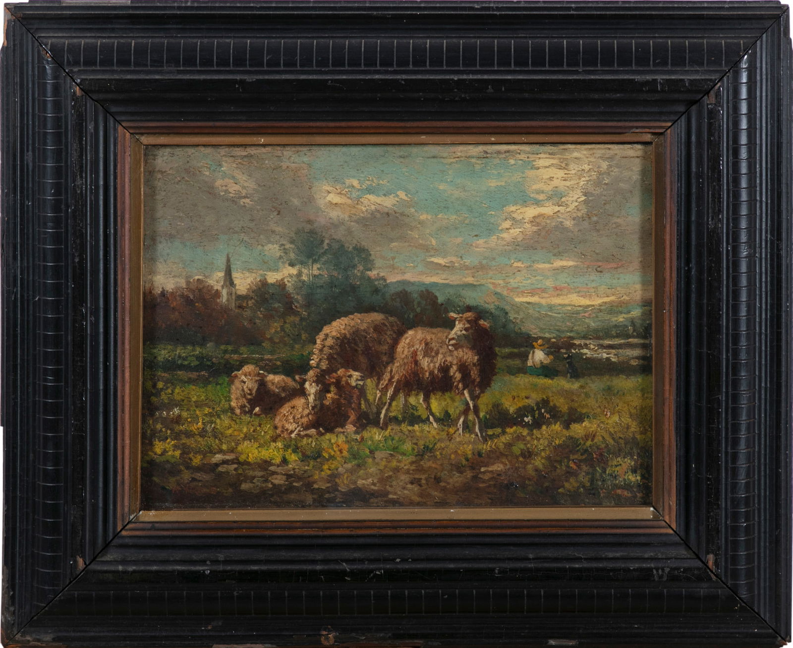 WILLIAM FREDERICK HULK (19TH CENTURY) Sheep in a rustic landscape Oil on board, 17 x 25cm: WILLIAM FREDERICK HULK (19TH CENTURY) Sheep in a rustic landscape Oil on board, 17 x 25cm
