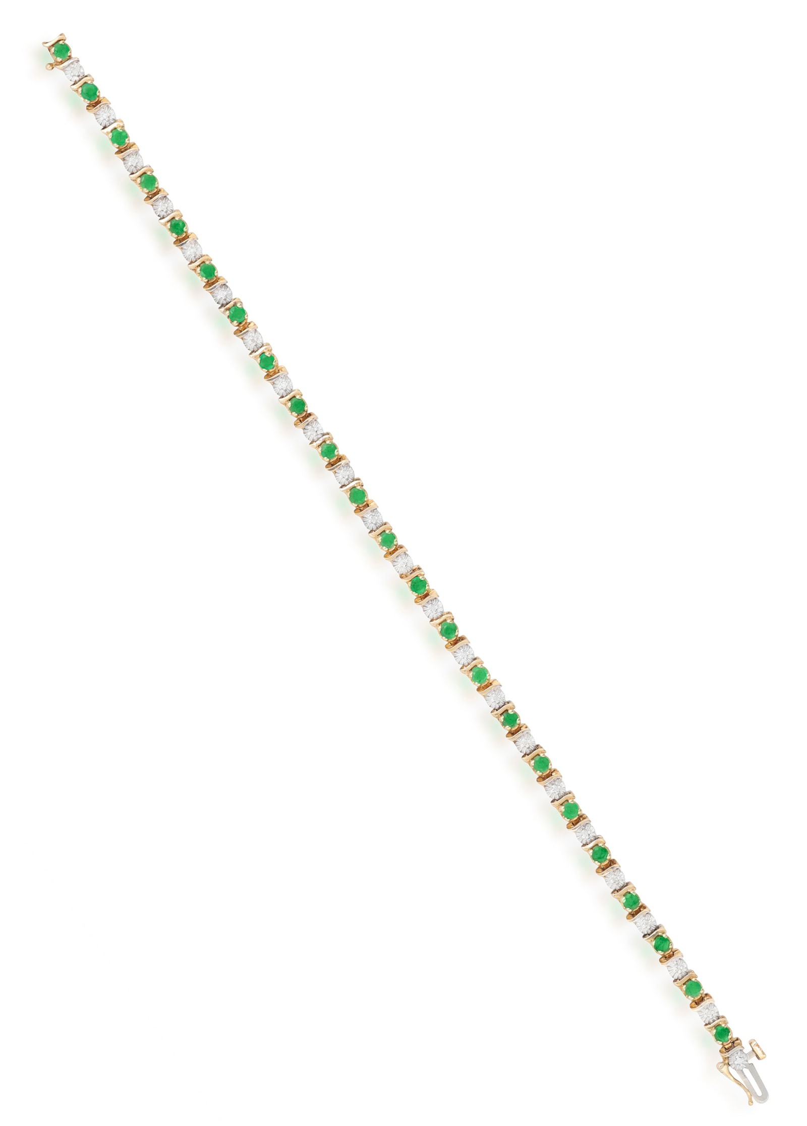 AN EMERALD AND DIAMOND BRACELET  Of bi-coloured design, the single line set with circular-cut (1 of 2)