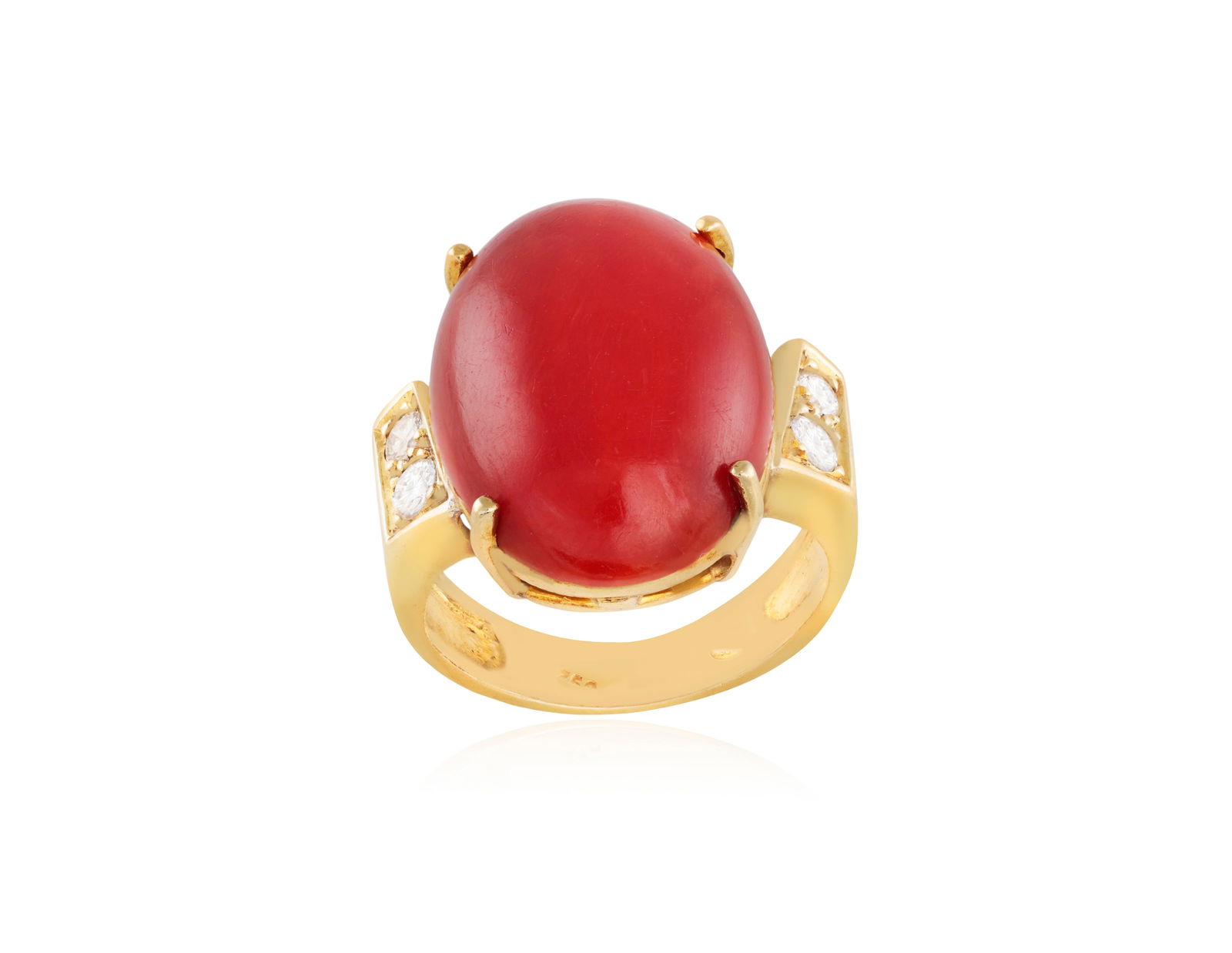 A CORAL AND DIAMOND RING  Claw-set with a cabochon coral, to brilliant-cut diamond shoulders, (1 of 5)