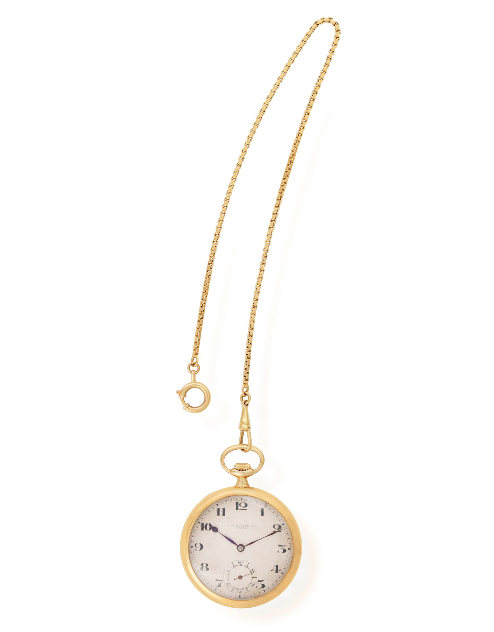 A GOLD POCKET WATCH WITH CHAIN, BY HAAS NEVEUX & CIE  Manual mechanical movement, the circular open (1 of 2)