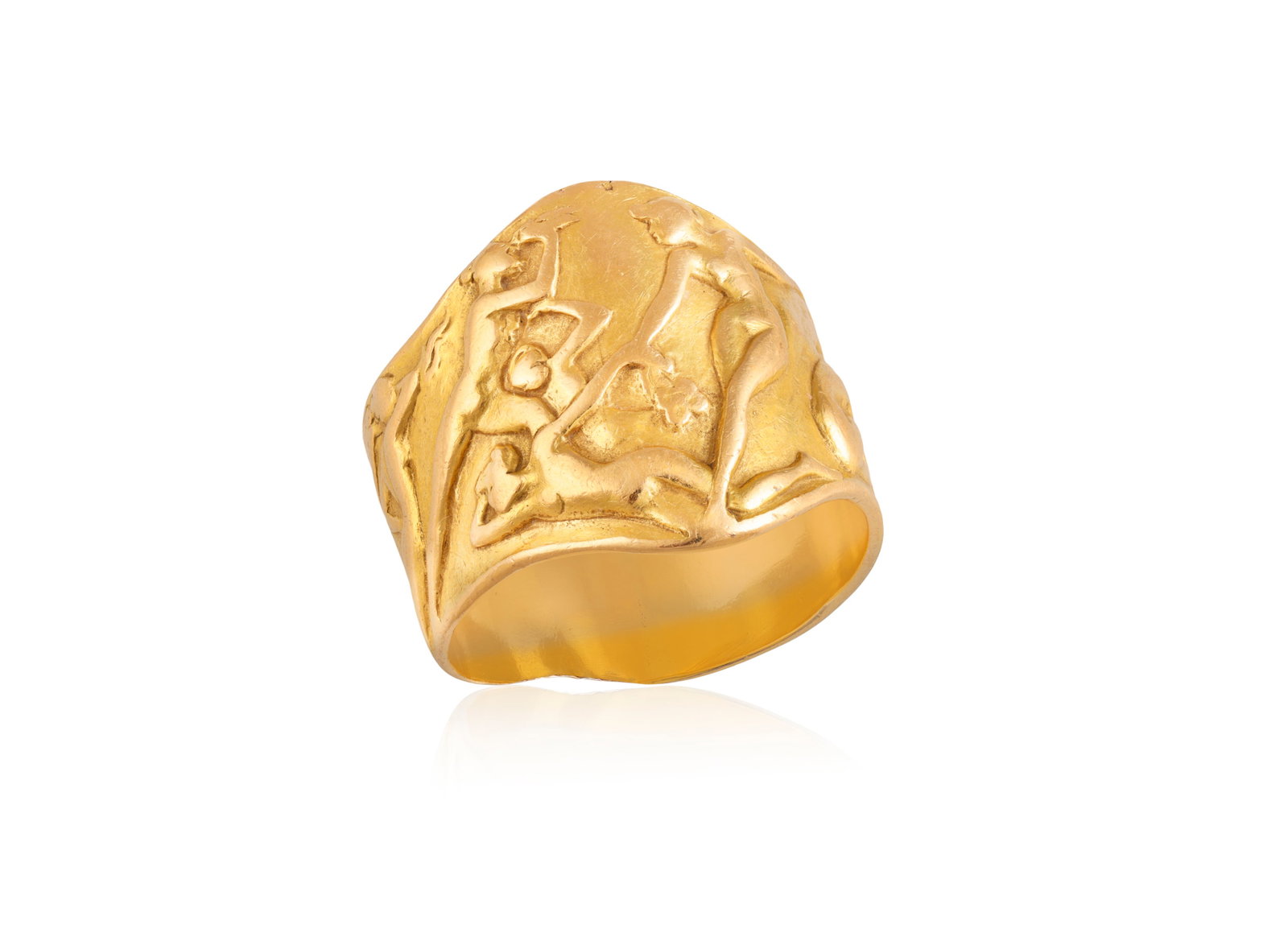LALIQUE: AN ART NOUVEAU GOLD RING, CIRCA 1900 Designed as a tapered wide band etched with a series : LALIQUE: AN ART NOUVEAU GOLD RING, CIRCA 1900 Designed as a tapered wide band etched with a series of dancing nymphs, signed Lalique, with maker's mark 'RL' for René Lalique, ring size Q A very s