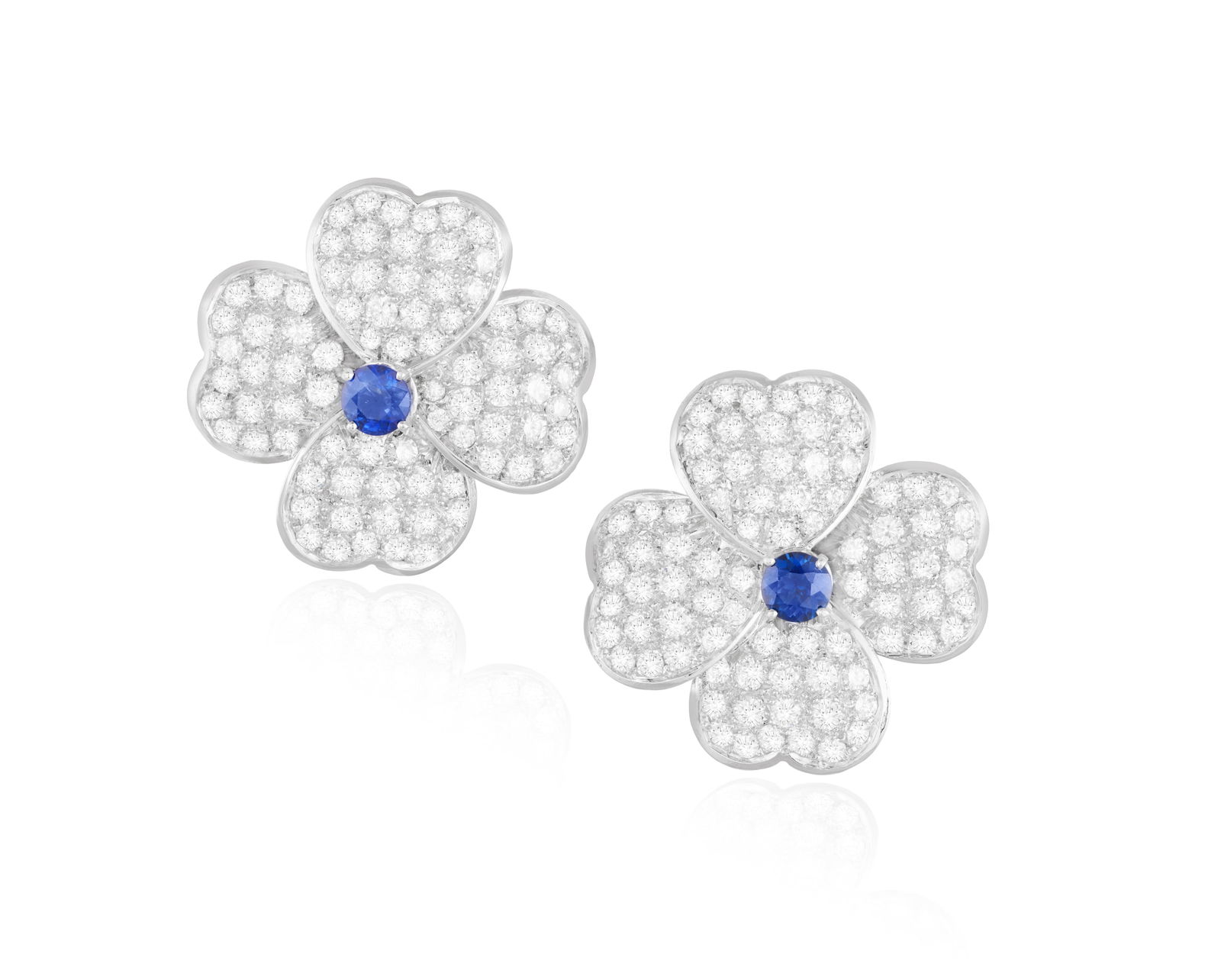 A PAIR OF SAPPHIRE AND DIAMOND EARRINGS  Each flowerhead set with brilliant-cut diamond heart-shaped (1 of 2)