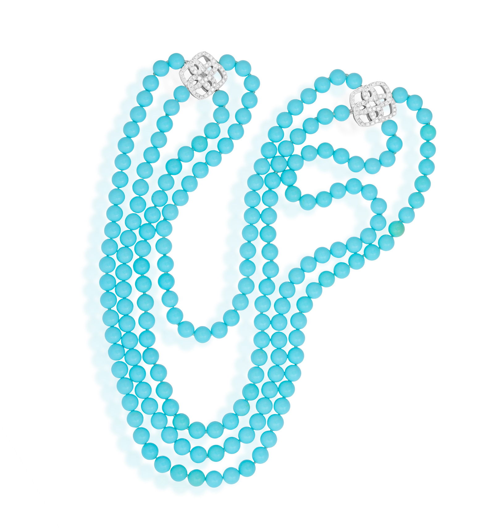 A TURQUOISE AND DIAMOND NECKLACE(S)  Composed of two rows of turquoise beads, spaced by two diamond- (1 of 6)