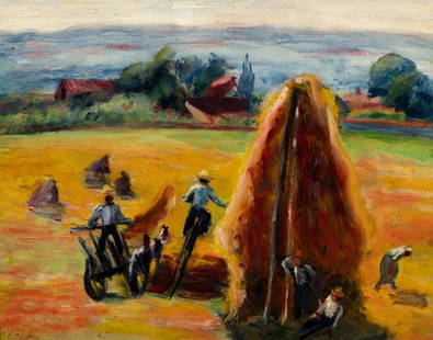 Attributed to Renee Honta (Mrs Roderic O'Conor) (1894-1955) Agriculteurs et Meule de Foin Oil on: Attributed to Renee Honta (Mrs Roderic O'Conor) (1894-1955) Agriculteurs et Meule de Foin Oil on board, 30 x 38.5cm (11¾ x 15¼'') Signed 'O'Conor', labelled 'R O'Conor' verso with French
