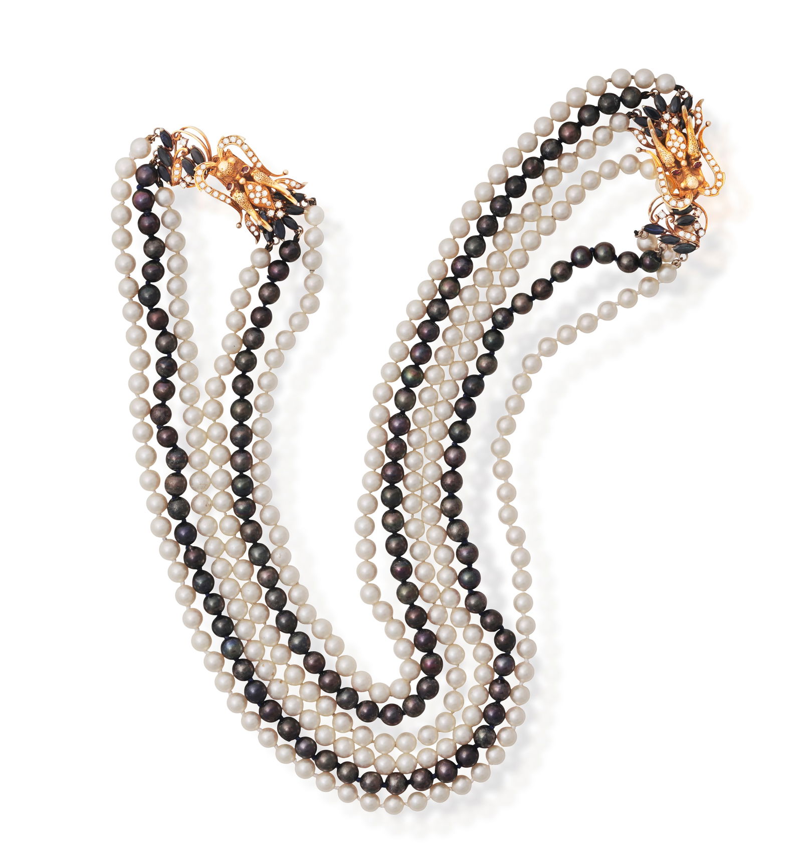 A CULTURED PEARL, GEM-SET AND DIAMOND NECKLACE  Composed of three rows of round-shaped cultured (1 of 4)