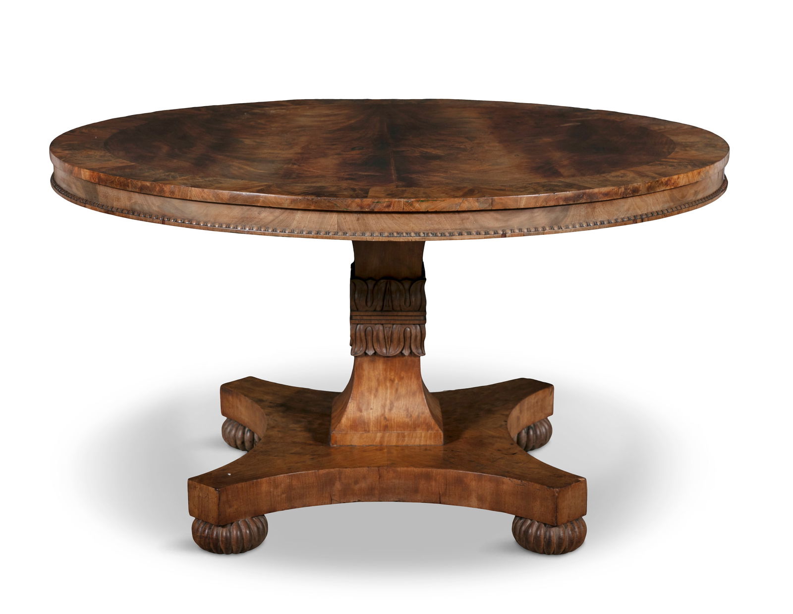 A GEORGE IV MAHOGANY CENTRE TABLE CIRCA 1825,  the circular top above a plain frieze and gadrooned r (1 of 3)