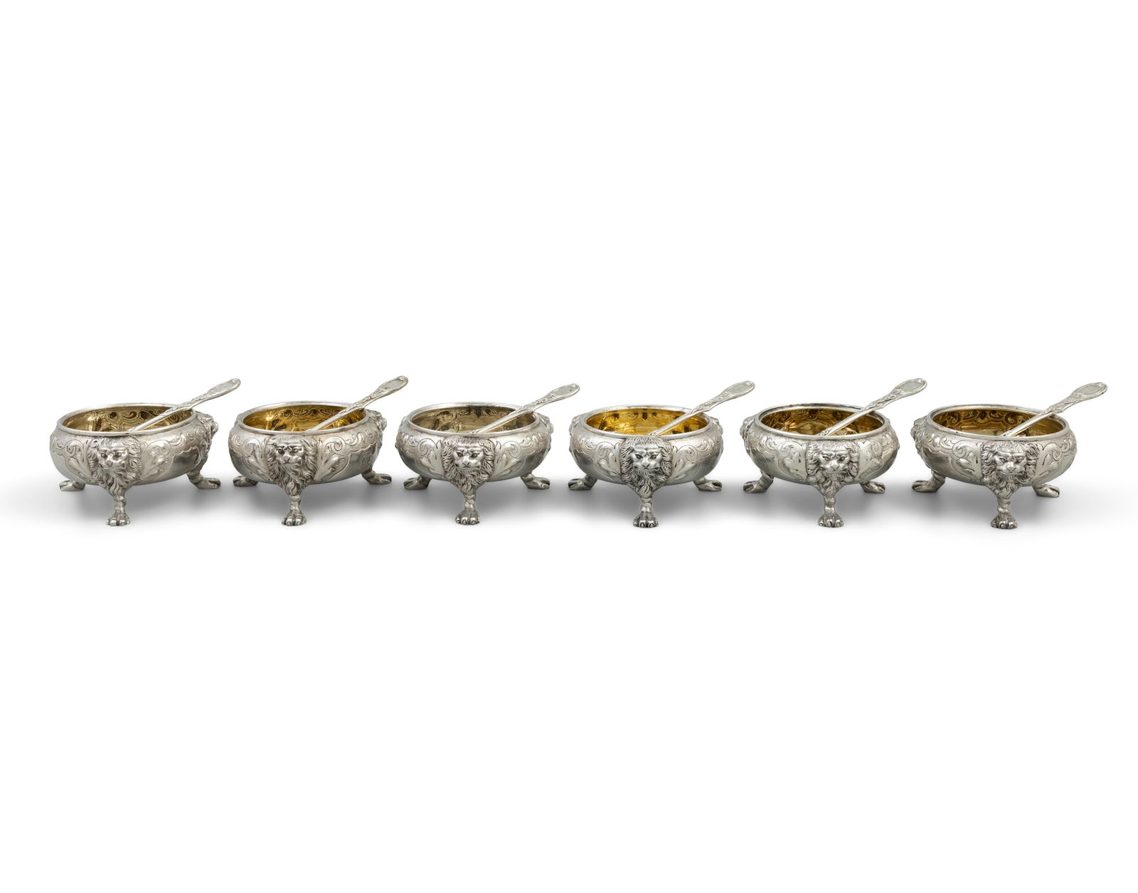 A SUITE OF SIX VICTORIAN SILVER CIRCULAR TABLE SALTS, IN THE GEORGIAN STYLE London c.1863 mark of: A SUITE OF SIX VICTORIAN SILVER CIRCULAR TABLE SALTS, IN THE GEORGIAN STYLE London c.1863 mark of George Fox (4); London 1860/1872, mark of Charles Thomas Fox & George Fox (one partially rubbed), each