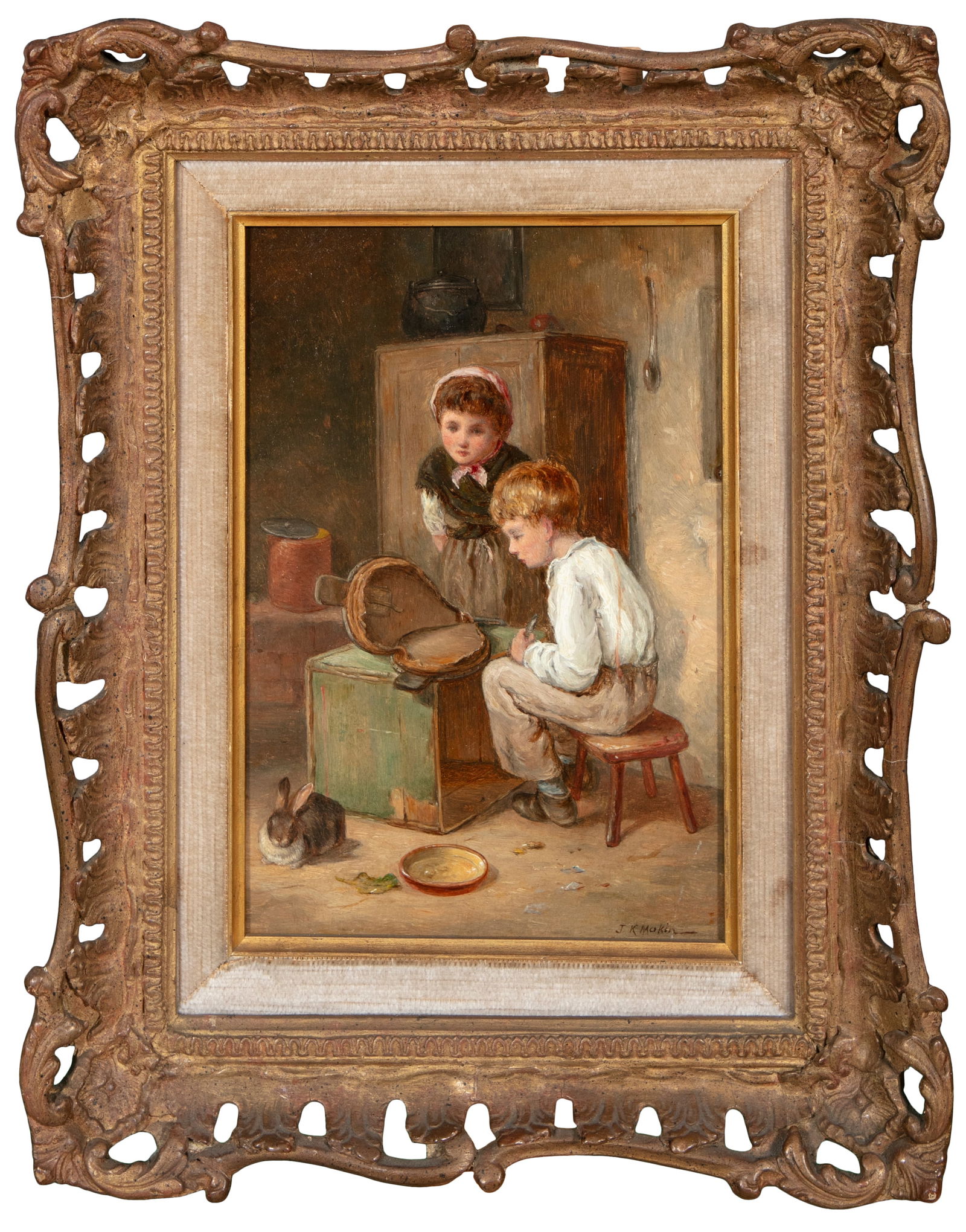J. K. MAKIN (FL. 1882 - 1906) Where's The Wind (Mending The Bellows) Oil on board, 24 x 16cm: J. K. MAKIN (FL. 1882 - 1906) Where's The Wind (Mending The Bellows) Oil on board, 24 x 16cm