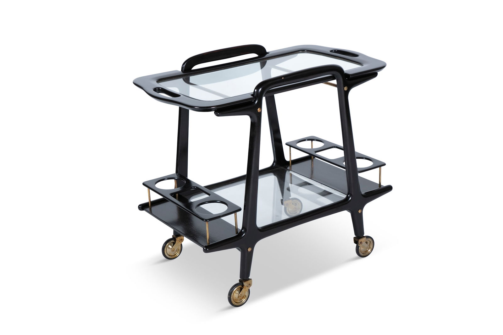 DRINKS TROLLEY An ebonised wood two-tier drinks trolley with glass tops and removable tray with: DRINKS TROLLEY An ebonised wood two-tier drinks trolley with glass tops and removable tray with brass detailing. Italy, c.1960. 79 x 46 x 71cm(h)