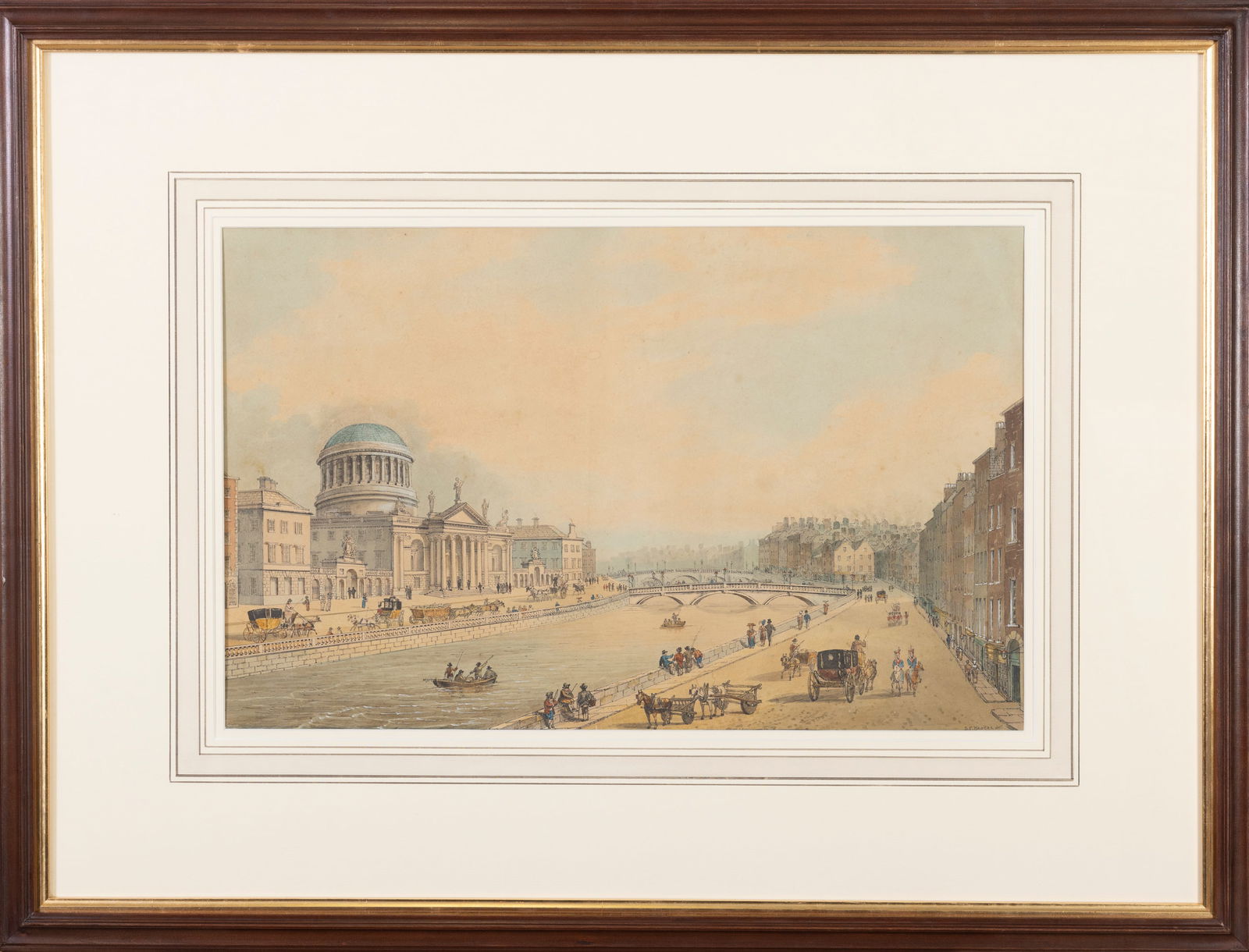 SAMUEL FREDERICK BROCAS (1792-1847) View of the Four Courts on the River Liffey, Dublin Signed and: SAMUEL FREDERICK BROCAS (1792-1847) View of the Four Courts on the River Liffey, Dublin Signed and inscribed Pen, Ink and Watercolour, 36 x 57.5cm Provenance: Sale, these rooms, Dublin 9th December 20