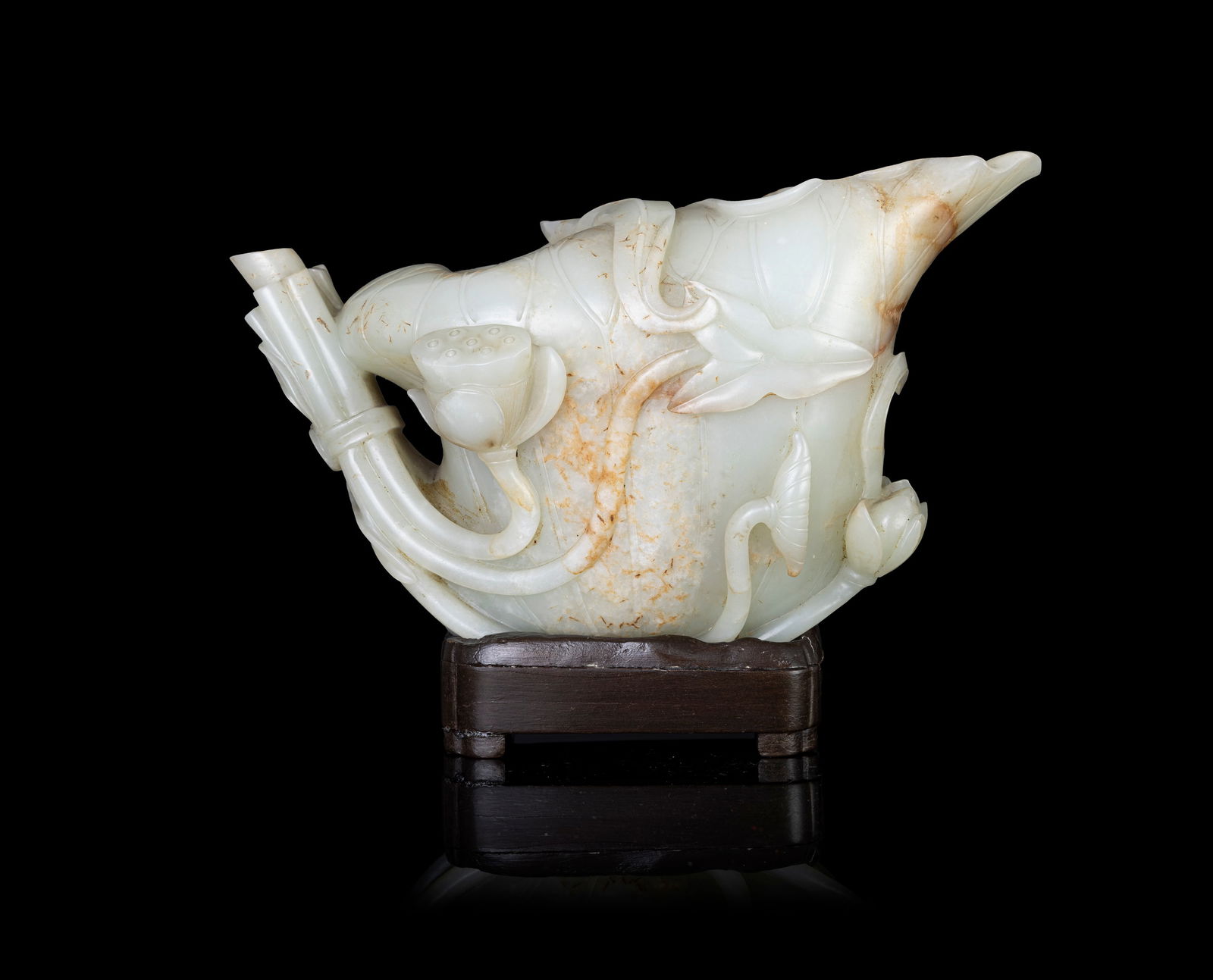 A PALE CELADON AND RUSSET JADE LOTUS-FORMED BRUSH WASHER  清代 18世纪 (1 of 3)