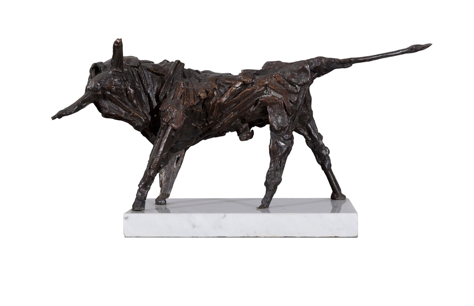 John Behan RHA (b.1938) Bull Bronze, 40 x 17cm (h) (15¾ x 6¾) Signed, no.2/9 On white marble: John Behan RHA (b.1938) Bull Bronze, 40 x 17cm (h) (15¾ x 6¾) Signed, no.2/9 On white marble base