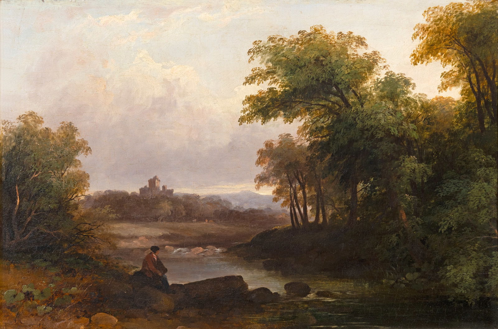 Samuel Frederick Brocas (1792-1847) River Landscape with Figures sitting on a Rock, and Distant: Samuel Frederick Brocas (1792-1847) River Landscape with Figures sitting on a Rock, and Distant Castle Oil on panel, 40.5 x 60.4cm (16 x 23¾) Provenance: Collection of Hon. Francis D. Murnaghan