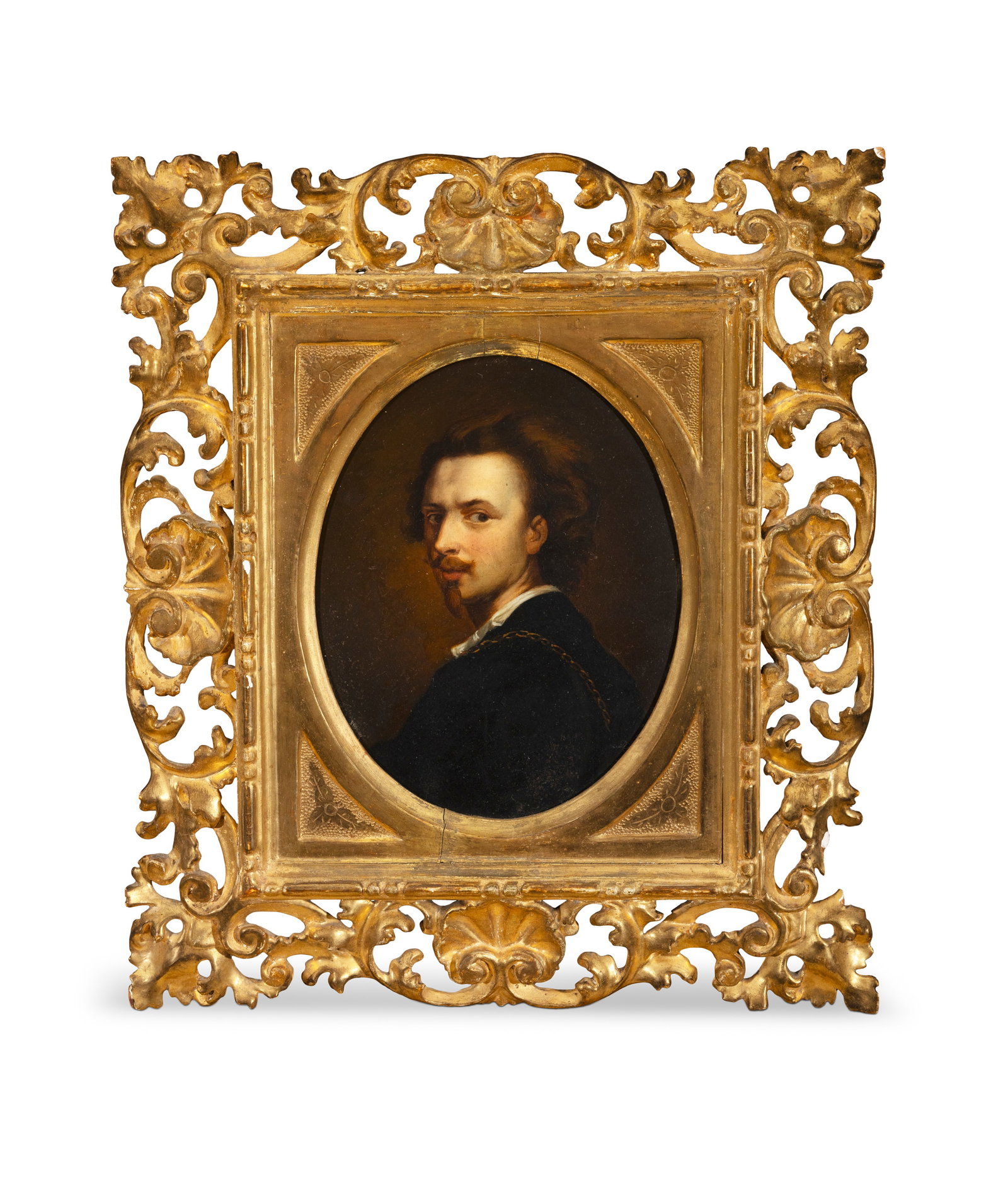 AFTER VAN DYCK  Self-portrait,  Oval, oil on board, 21 x 16cm  In Florentine frame (1 of 2)