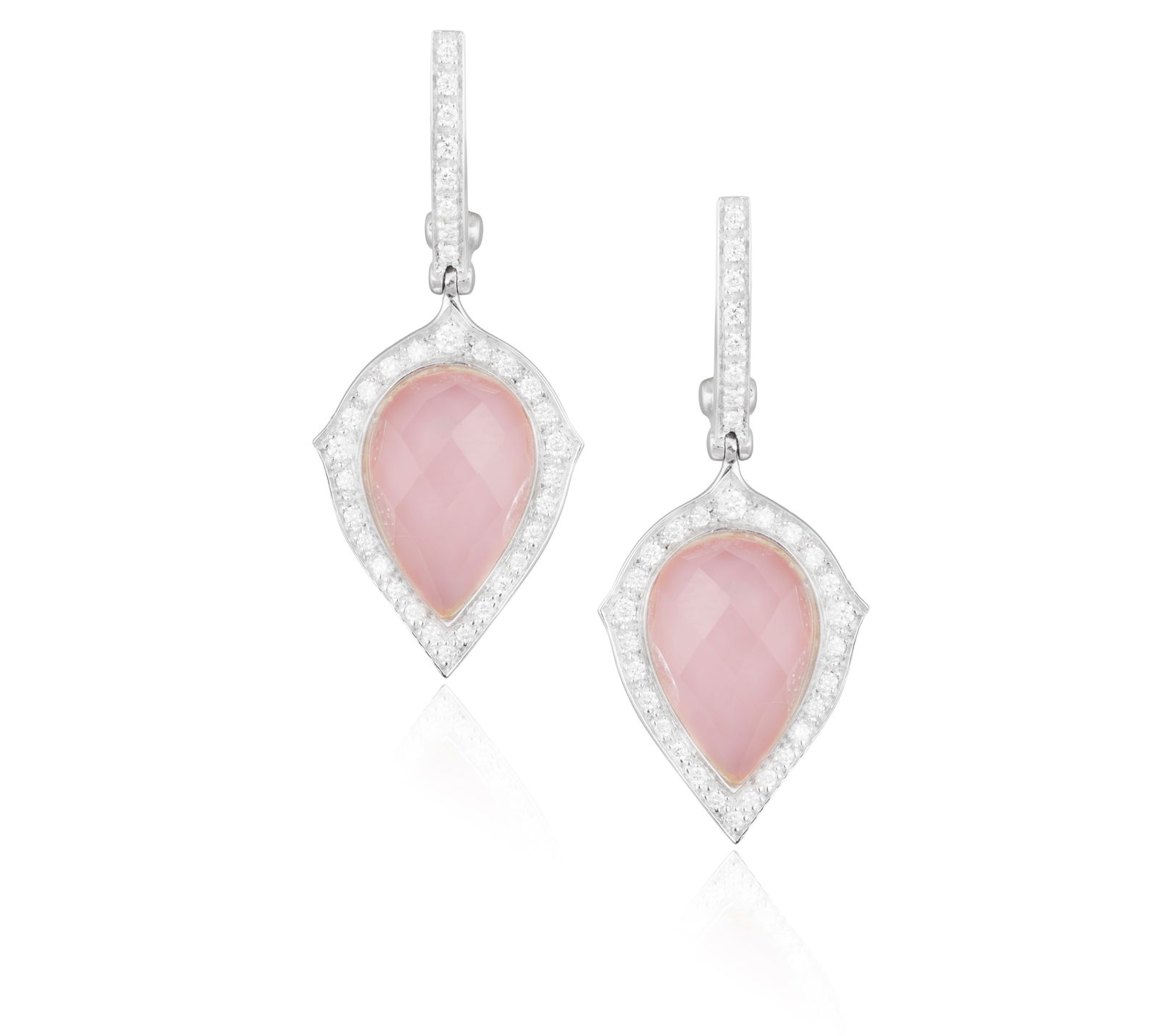 STEPHEN WEBSTER: A PAIR OF PINK OPAL, QUARTZ AND DIAMOND PENDENT EARRINGS Each set with a faceted: STEPHEN WEBSTER: A PAIR OF PINK OPAL, QUARTZ AND DIAMOND PENDENT EARRINGS Each set with a faceted pear-shaped pink opal and quartz cabochon, within a brilliant-cut diamond surround, suspended from a b