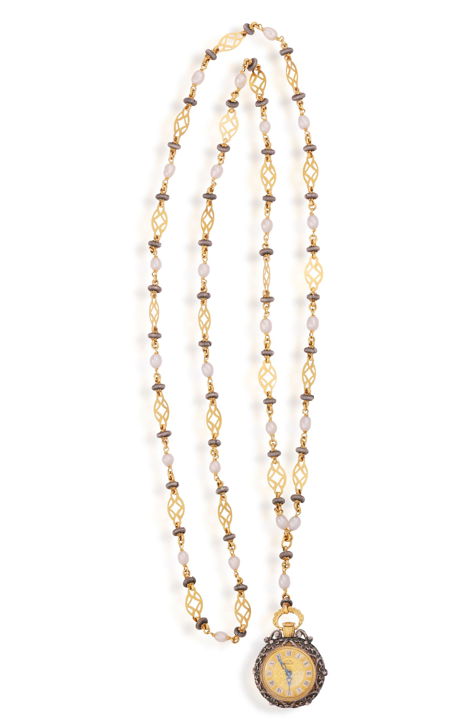 AN ENAMEL, RUBY AND DIAMOND POCKET WATCH WITH A CULTURED PEARL AND LONGCHAIN NECKLACE  Mechanical (1 of 5)