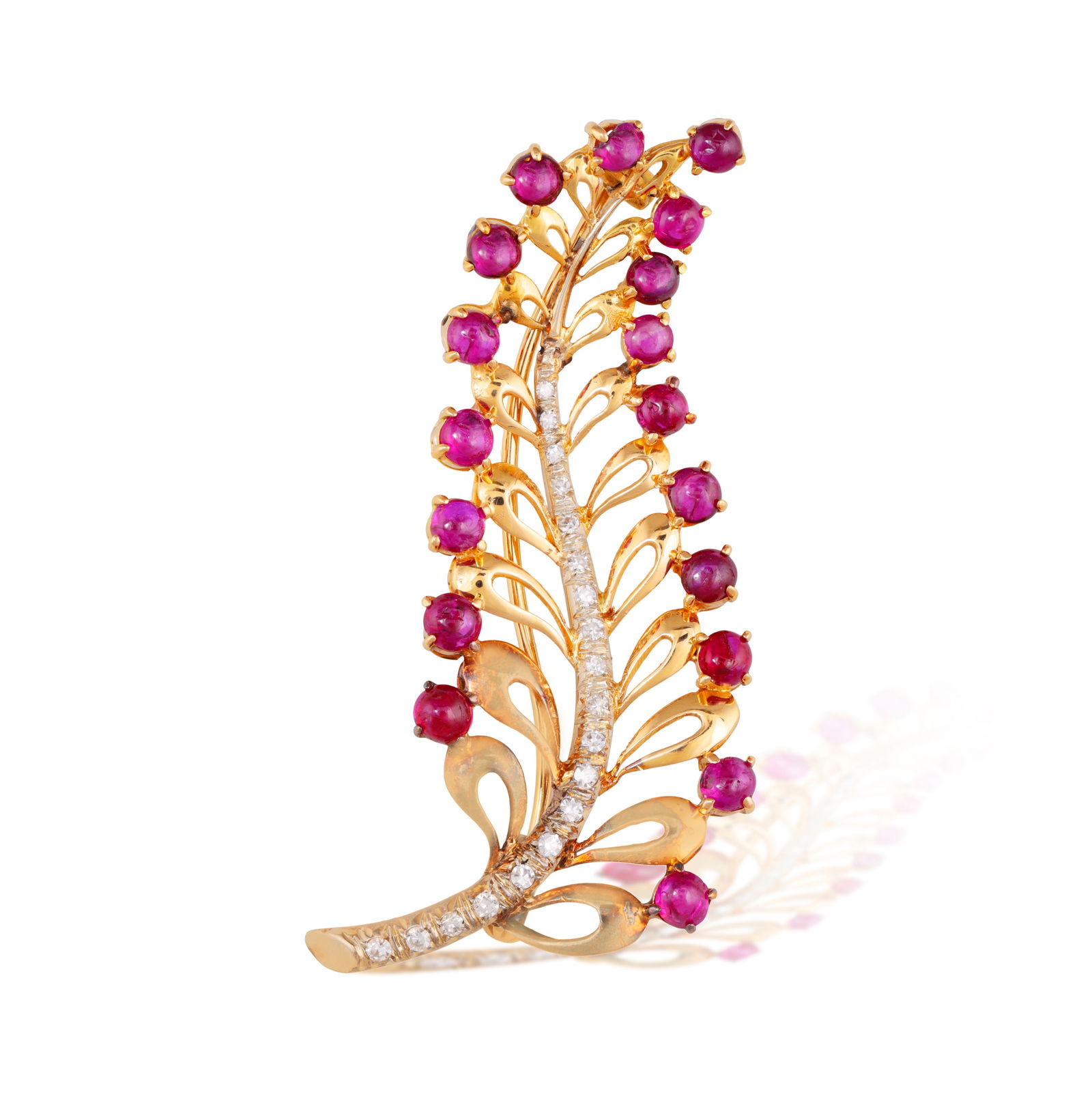 A RUBY AND DIAMOND BROOCH  Of openwork leaf design, enhanced with ruby cabochons, stamen set with (1 of 3)