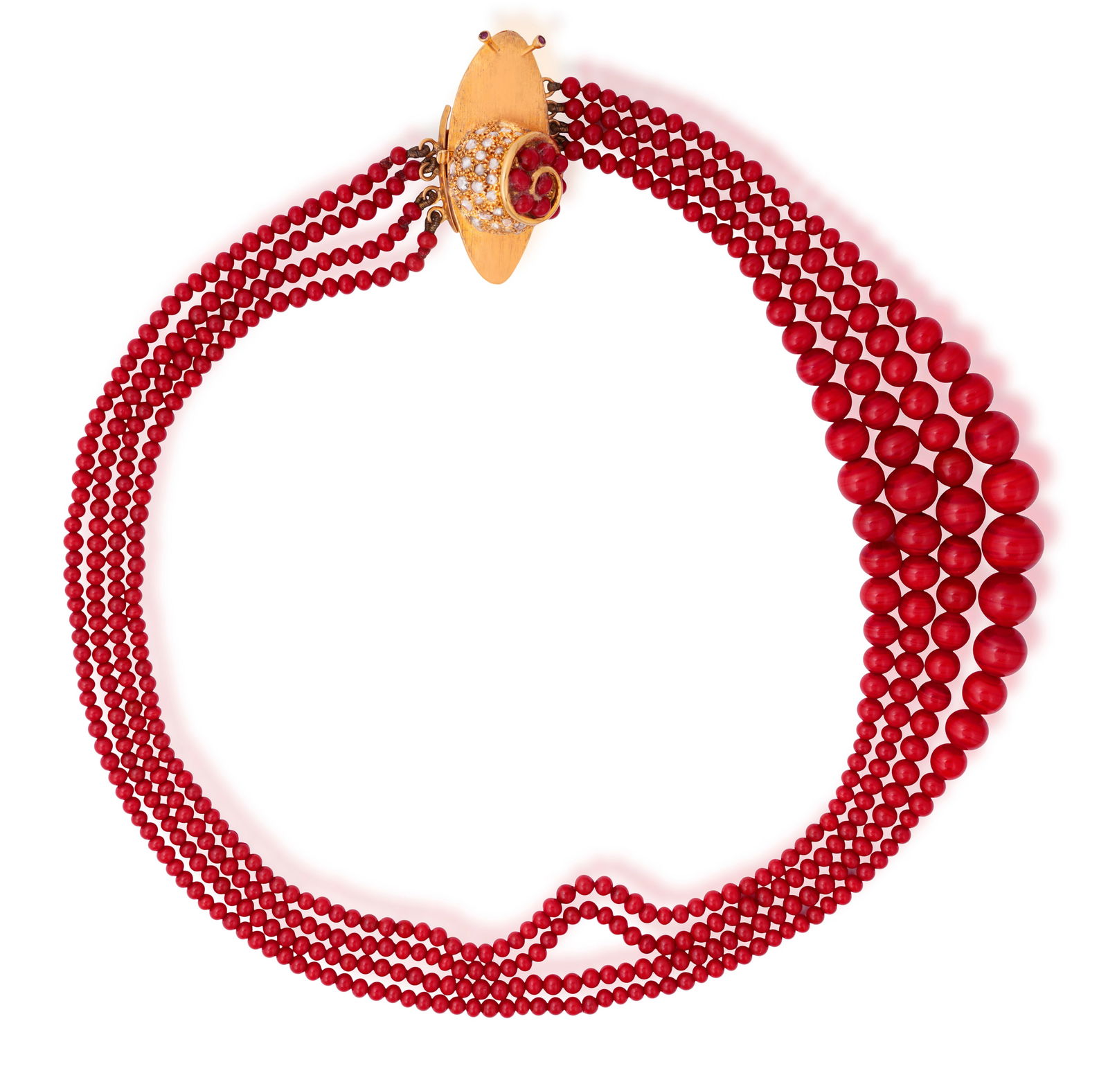AN AGATE, RUBY AND DIAMOND NECKLACE   Composed of four strands of graduated red agate beads, to a (1 of 7)