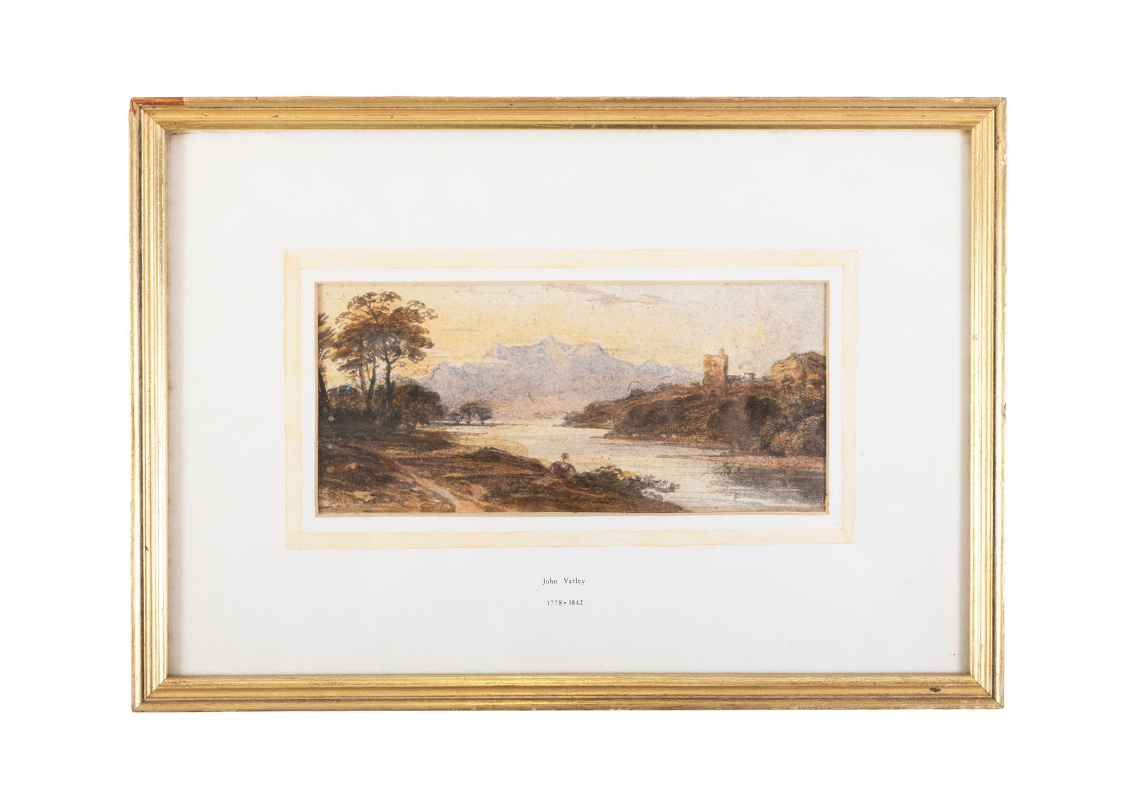 JOHN VARLEY O.W.S (1778-1842) Harlech Castle and Snowdonia Watercolour on paper laid down on card,: JOHN VARLEY O.W.S (1778-1842) Harlech Castle and Snowdonia Watercolour on paper laid down on card, 10.5 x 25cm